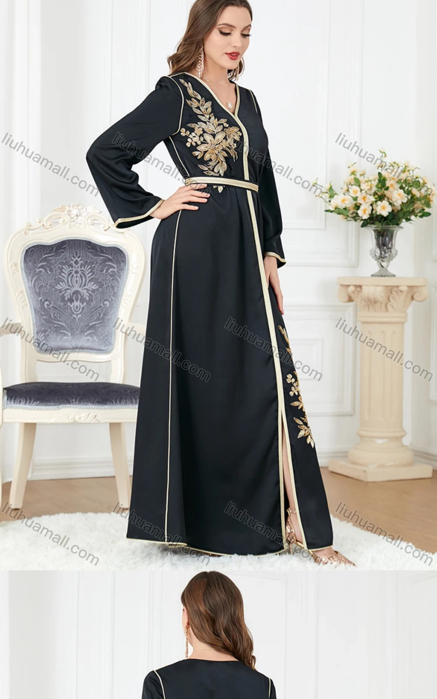 Wholesale Women's Arabic Muslim Islamic V Neck Gold Thread Dubai Embroidery Abaya Maxi Dress 3277# - Liuhuamall