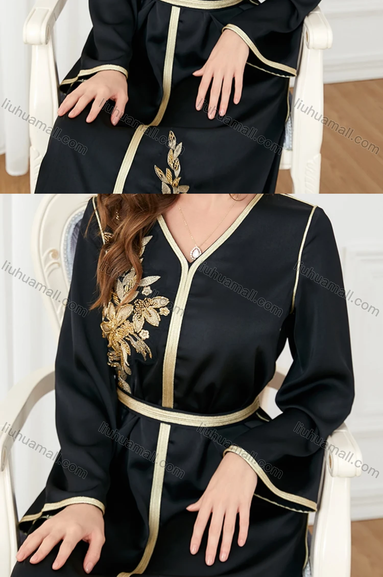 Wholesale Women's Arabic Muslim Islamic V Neck Gold Thread Dubai Embroidery Abaya Maxi Dress 3277# - Liuhuamall