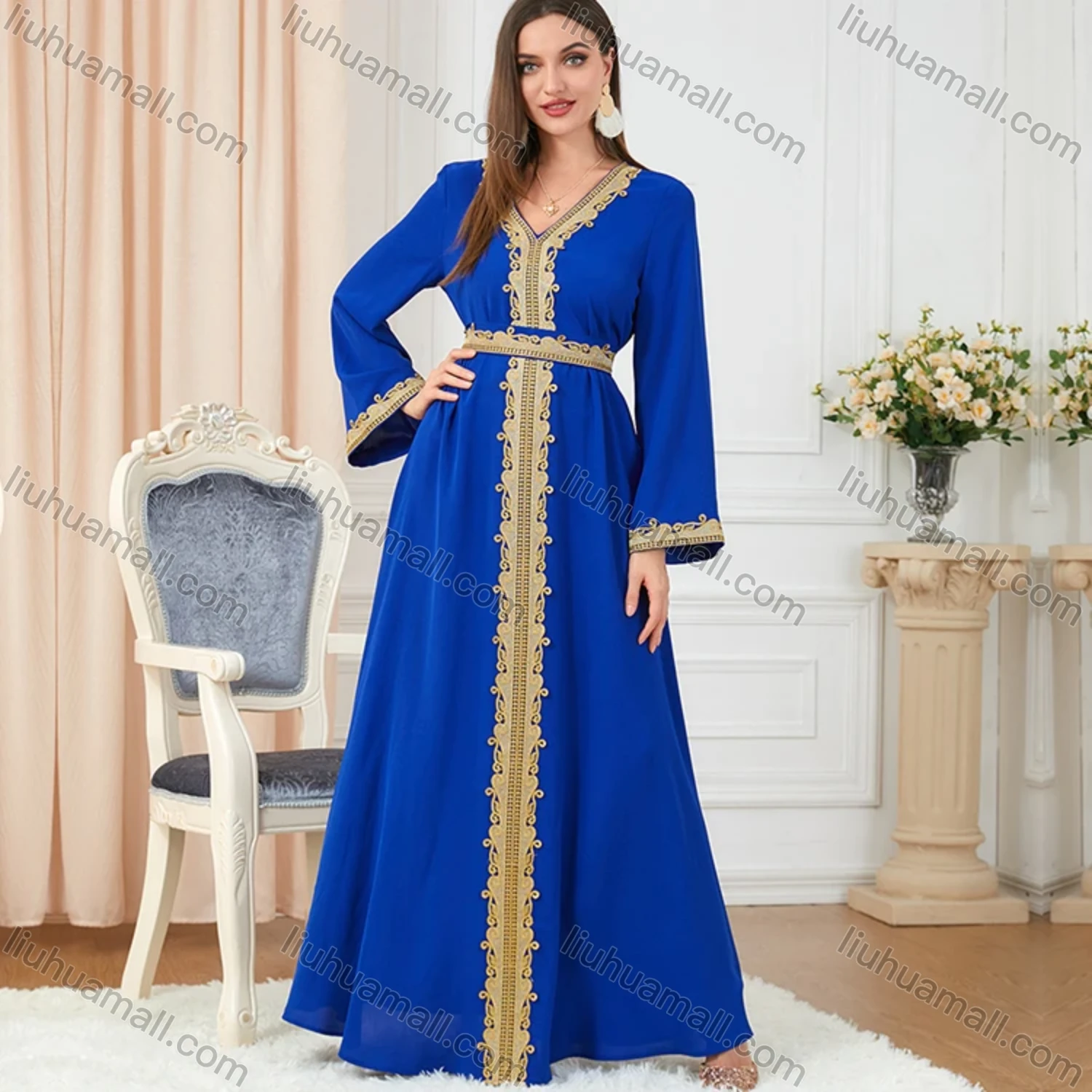 Wholesale Women's Muslim Islamic V Neck Gold Thread Embroidery Abaya Maxi Dress 3252# - Liuhuamall