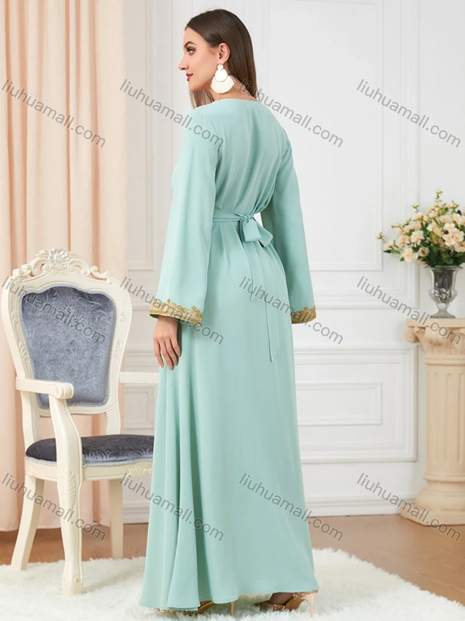 Wholesale Women's Muslim Islamic V Neck Gold Thread Embroidery Abaya Maxi Dress 3252# - Liuhuamall