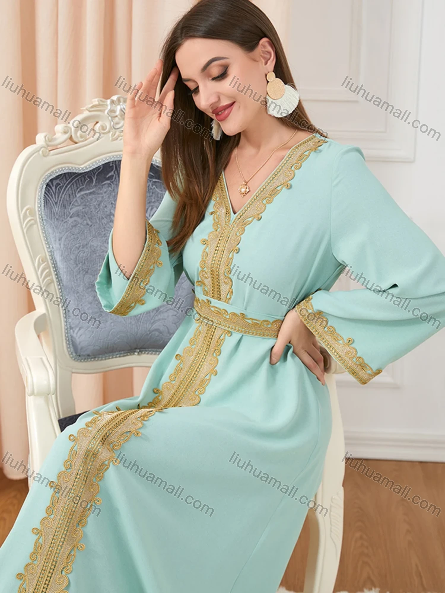 Wholesale Women's Muslim Islamic V Neck Gold Thread Embroidery Abaya Maxi Dress 3252# - Liuhuamall