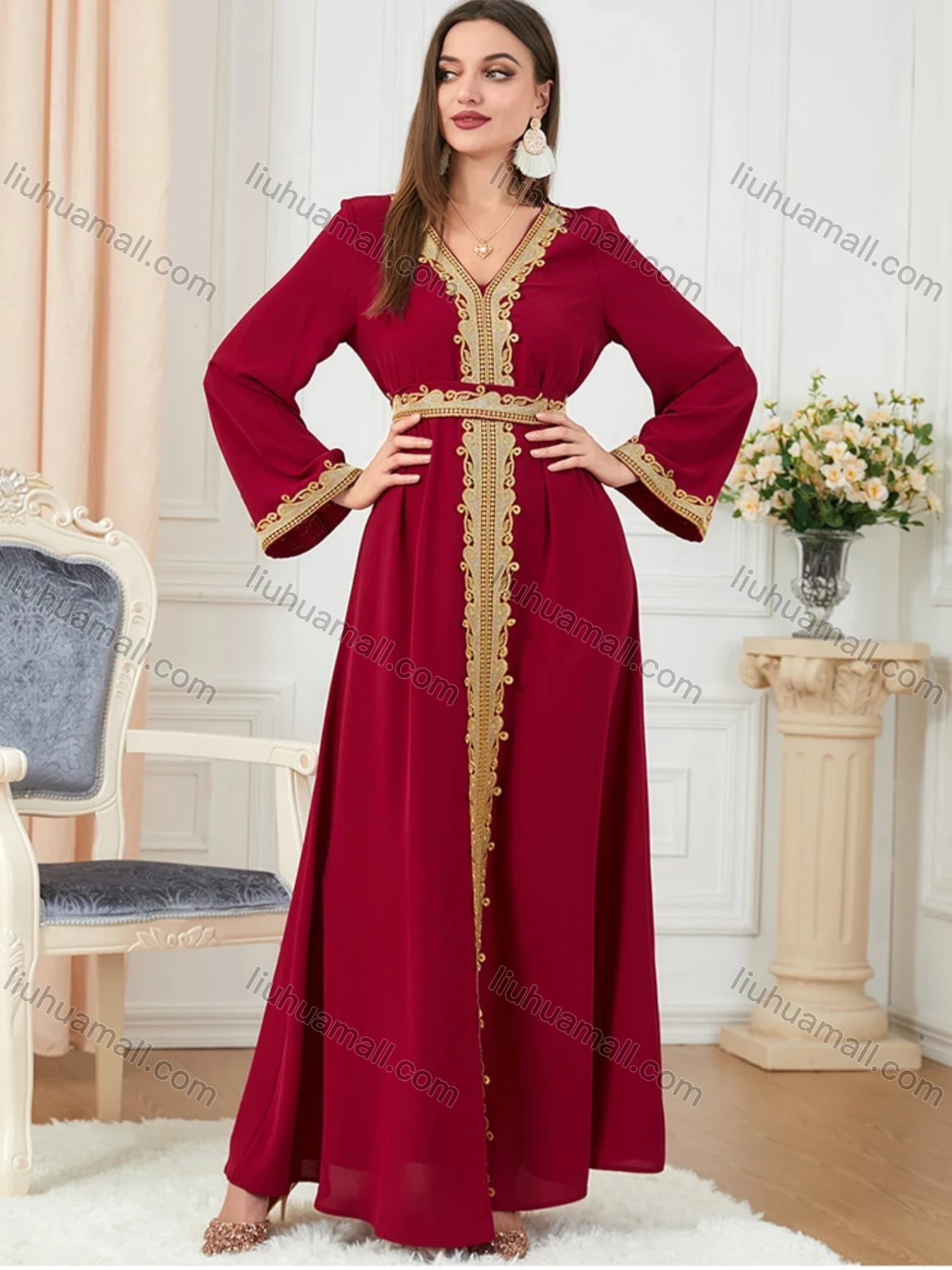 Wholesale Women's Muslim Islamic V Neck Gold Thread Embroidery Abaya Maxi Dress 3252# - Liuhuamall