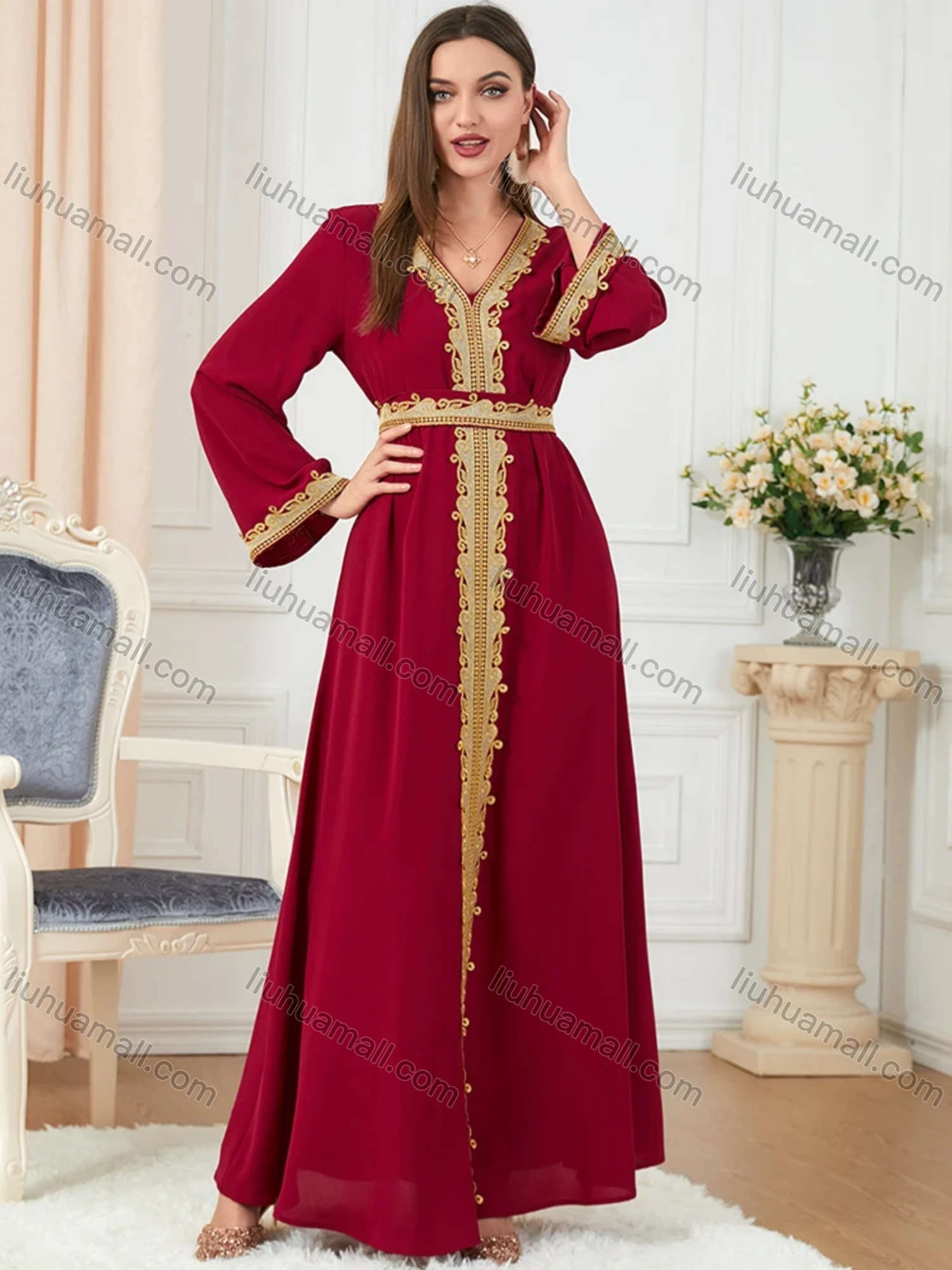 Wholesale Women's Muslim Islamic V Neck Gold Thread Embroidery Abaya Maxi Dress 3252# - Liuhuamall