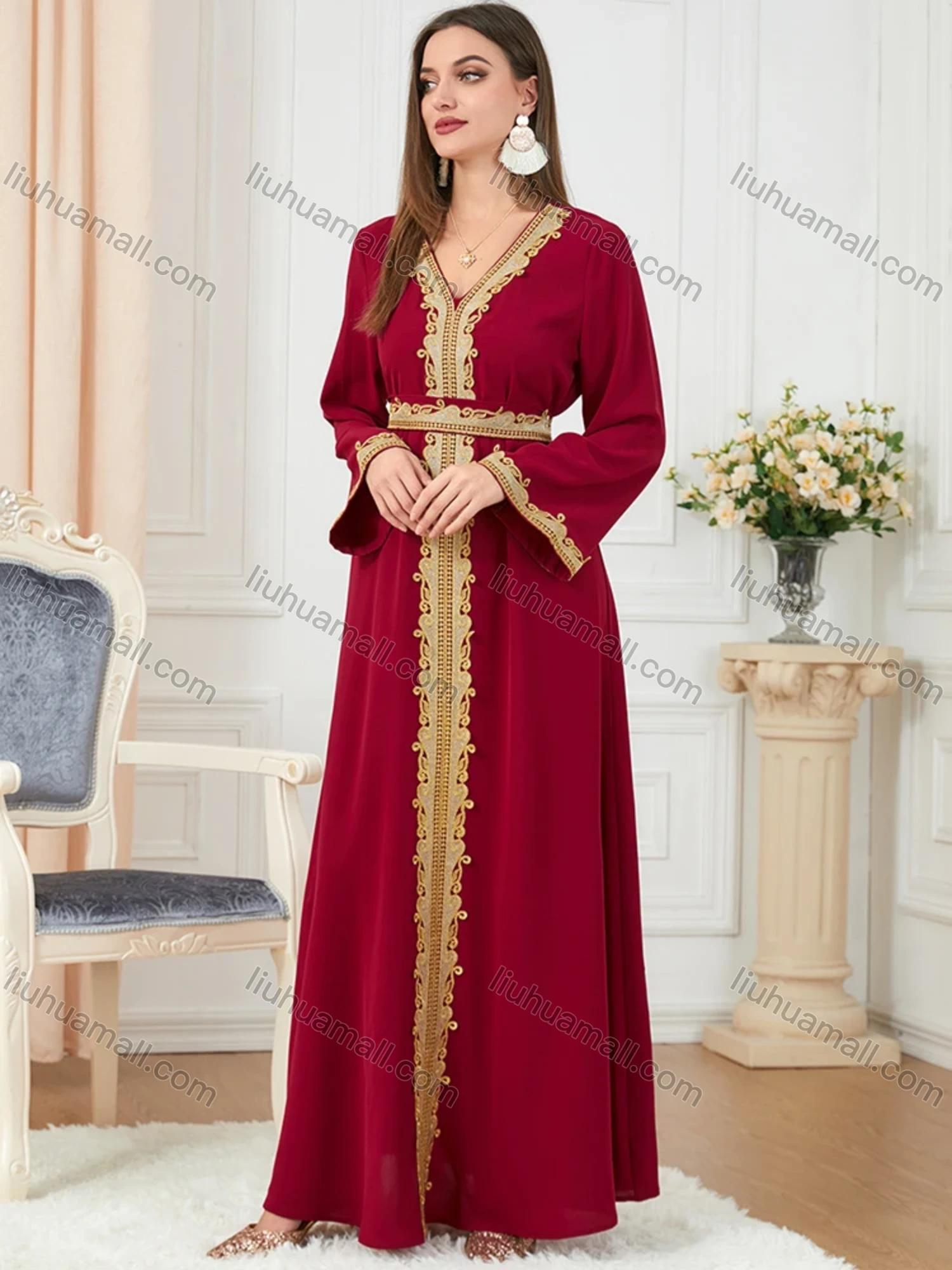 Wholesale Women's Muslim Islamic V Neck Gold Thread Embroidery Abaya Maxi Dress 3252# - Liuhuamall
