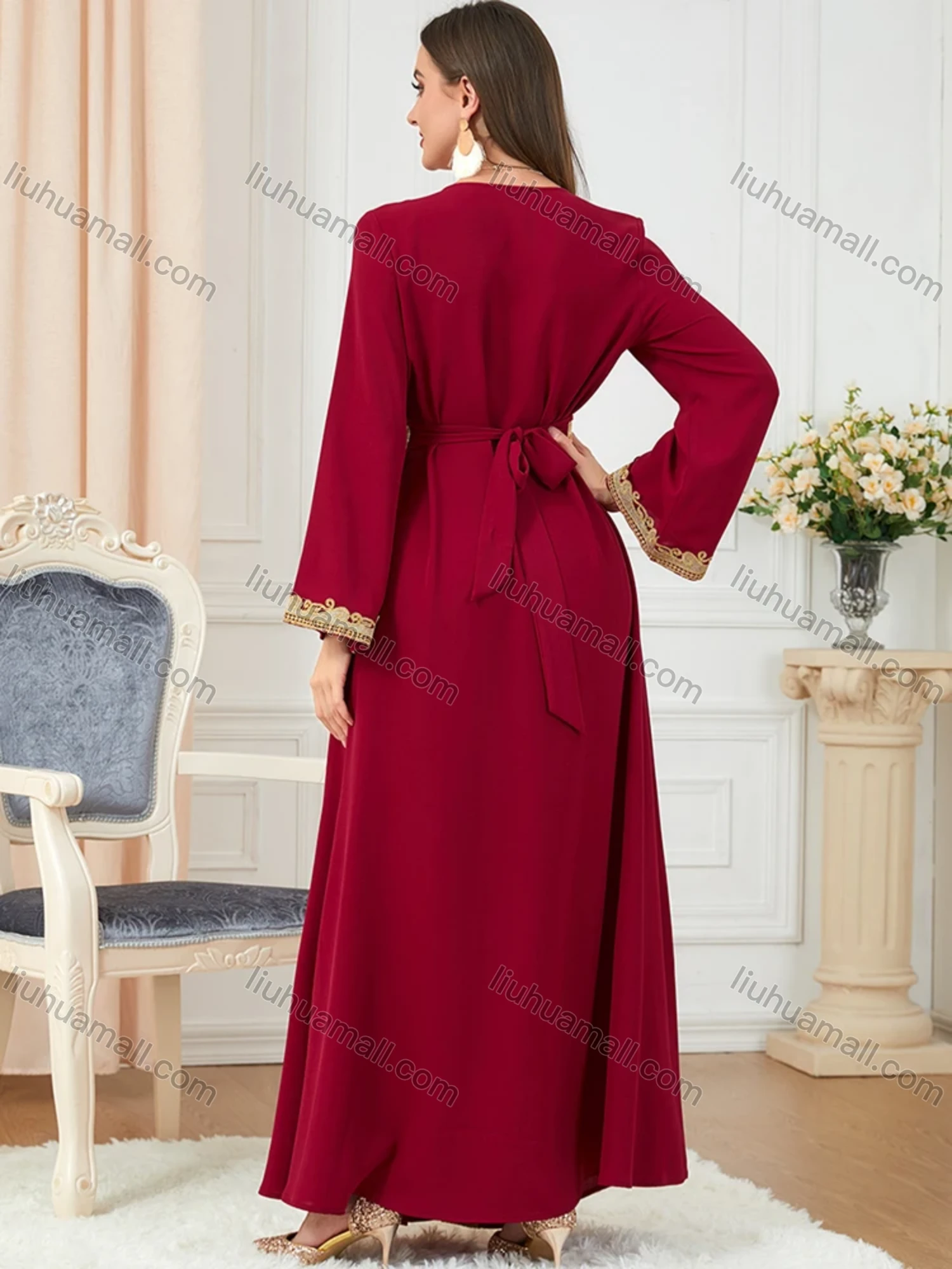 Wholesale Women's Muslim Islamic V Neck Gold Thread Embroidery Abaya Maxi Dress 3252# - Liuhuamall