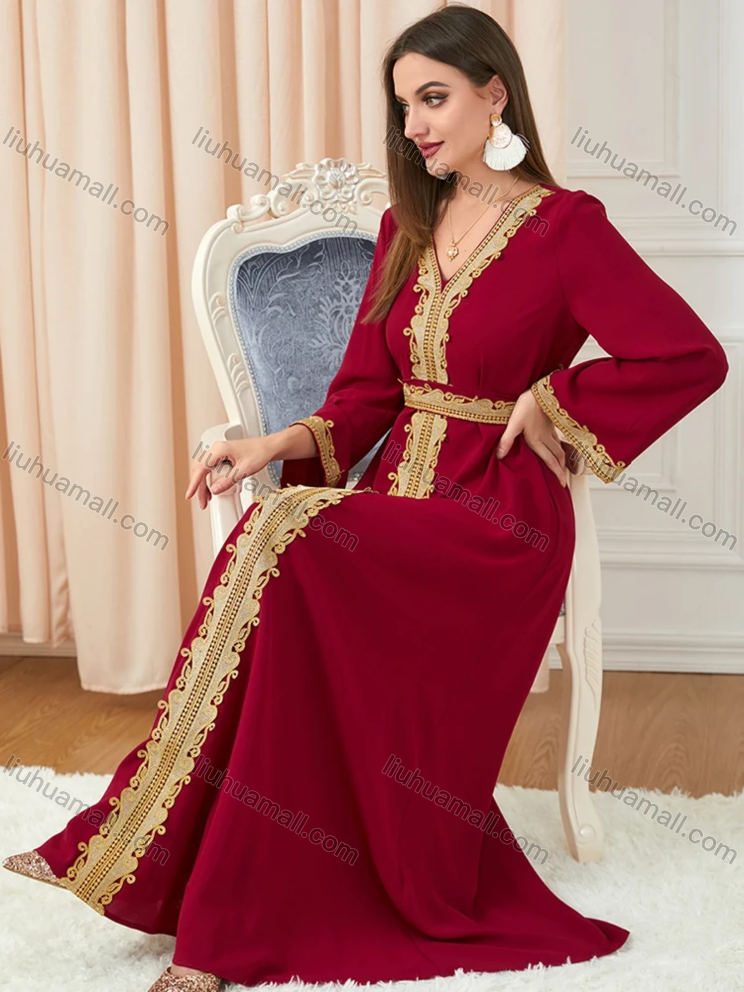 Wholesale Women's Muslim Islamic V Neck Gold Thread Embroidery Abaya Maxi Dress 3252# - Liuhuamall