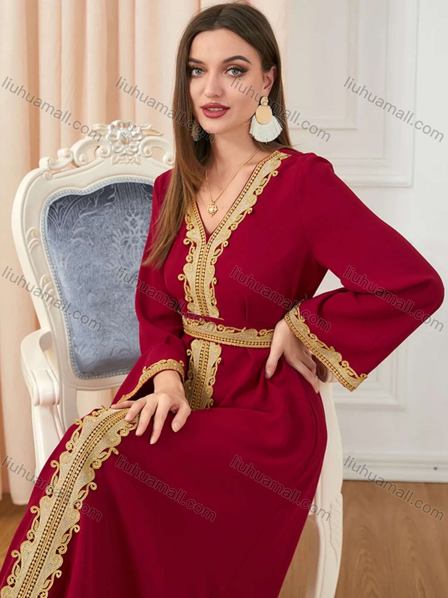 Wholesale Women's Muslim Islamic V Neck Gold Thread Embroidery Abaya Maxi Dress 3252# - Liuhuamall