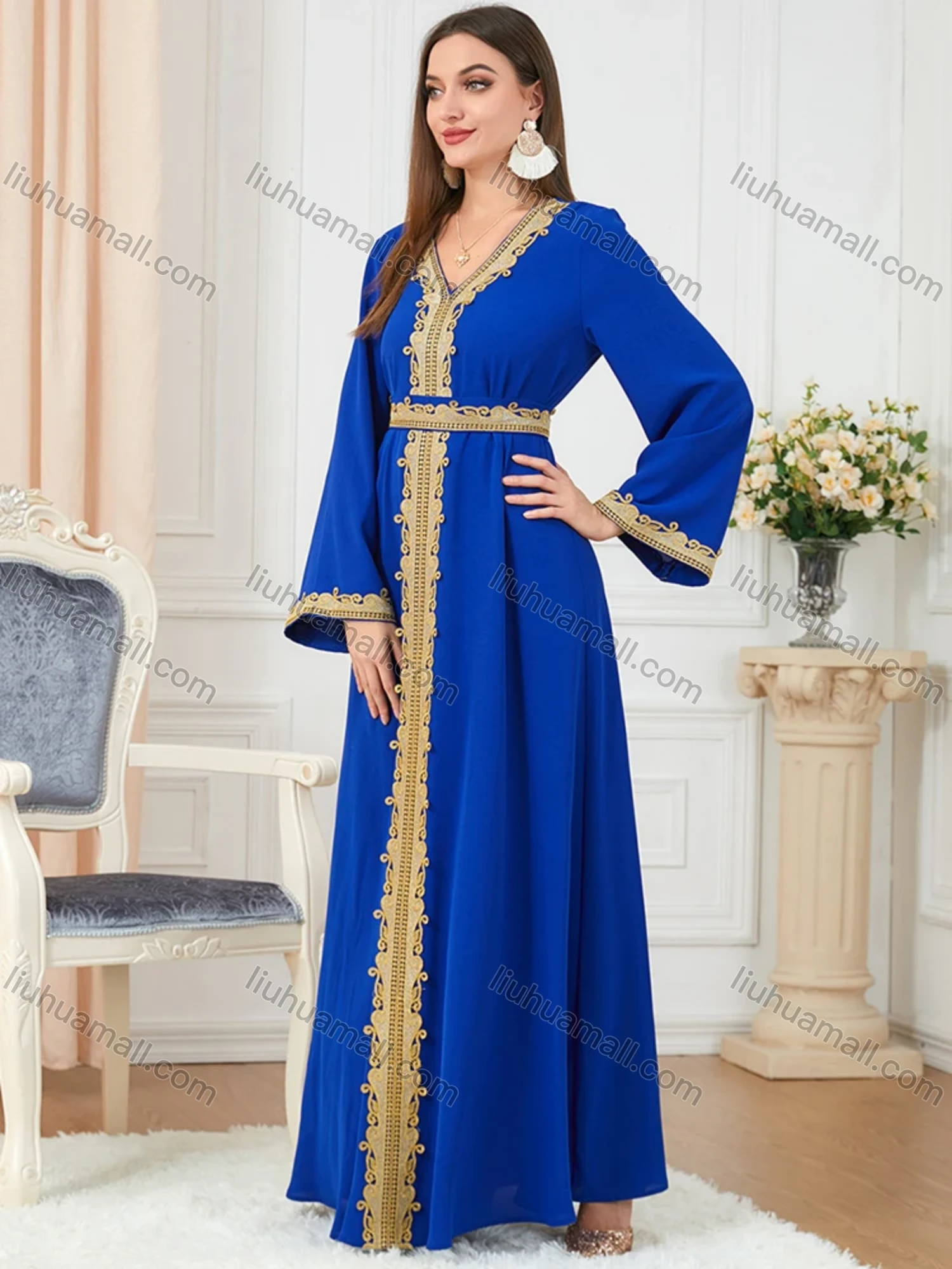 Wholesale Women's Muslim Islamic V Neck Gold Thread Embroidery Abaya Maxi Dress 3252# - Liuhuamall