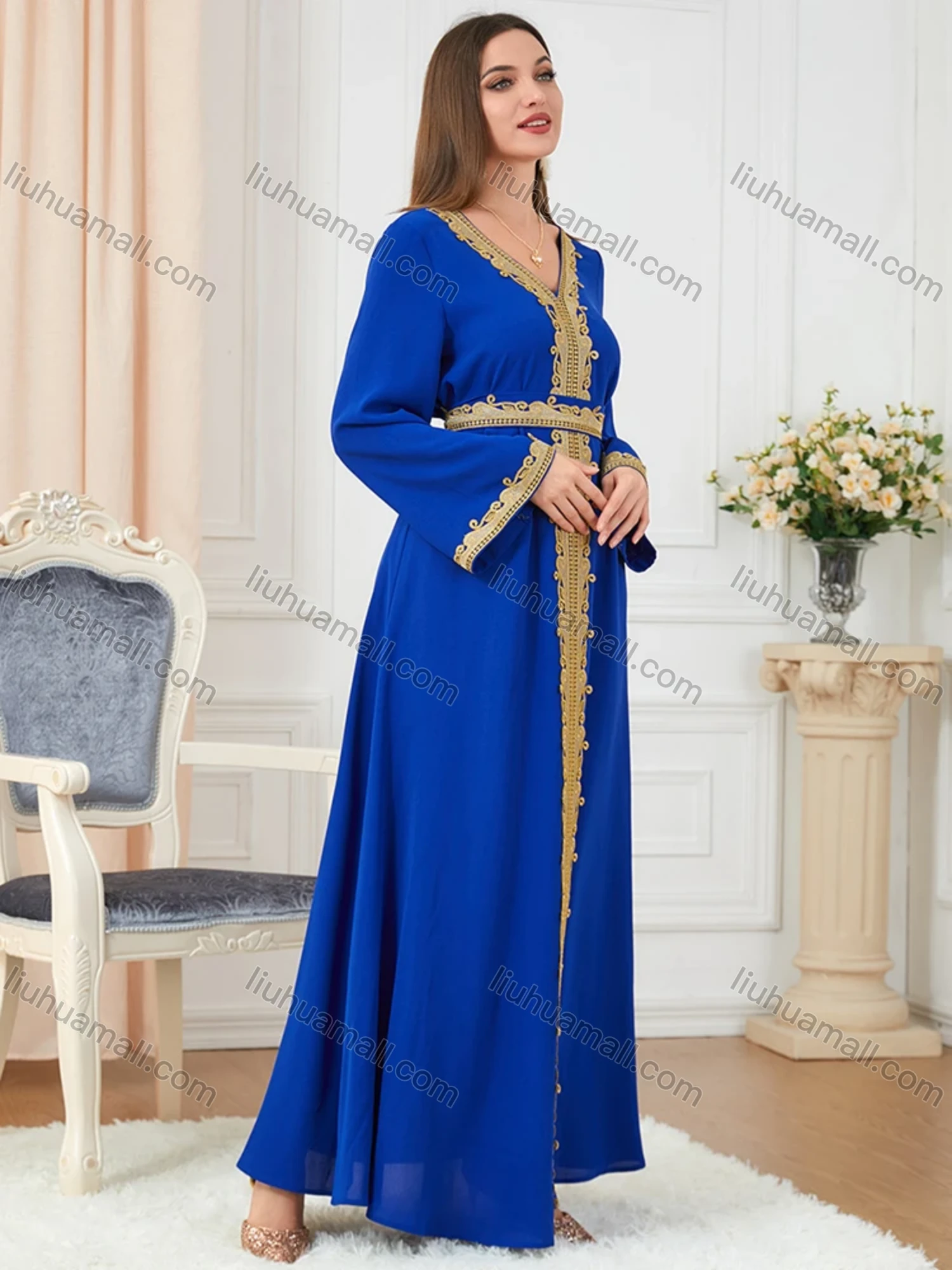 Wholesale Women's Muslim Islamic V Neck Gold Thread Embroidery Abaya Maxi Dress 3252# - Liuhuamall