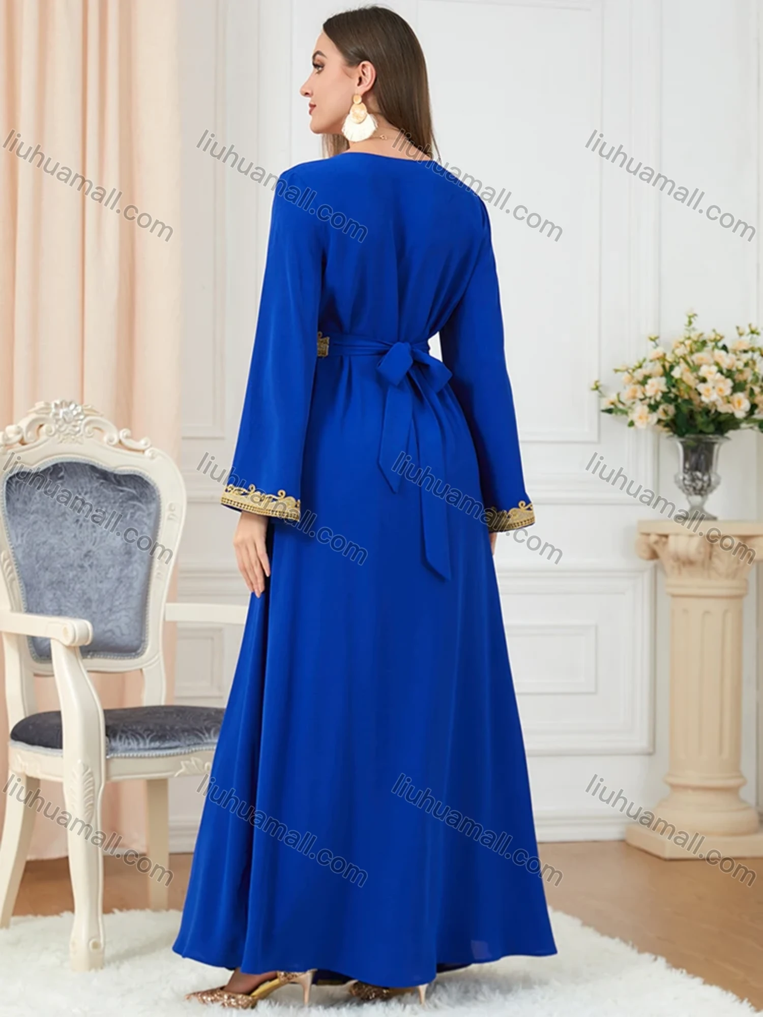 Wholesale Women's Muslim Islamic V Neck Gold Thread Embroidery Abaya Maxi Dress 3252# - Liuhuamall