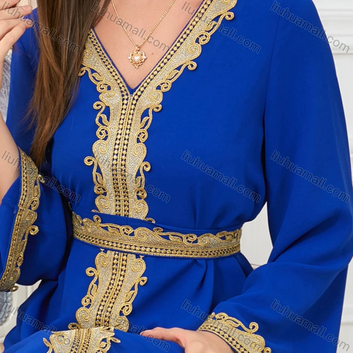 Wholesale Women's Muslim Islamic V Neck Gold Thread Embroidery Abaya Maxi Dress 3252# - Liuhuamall