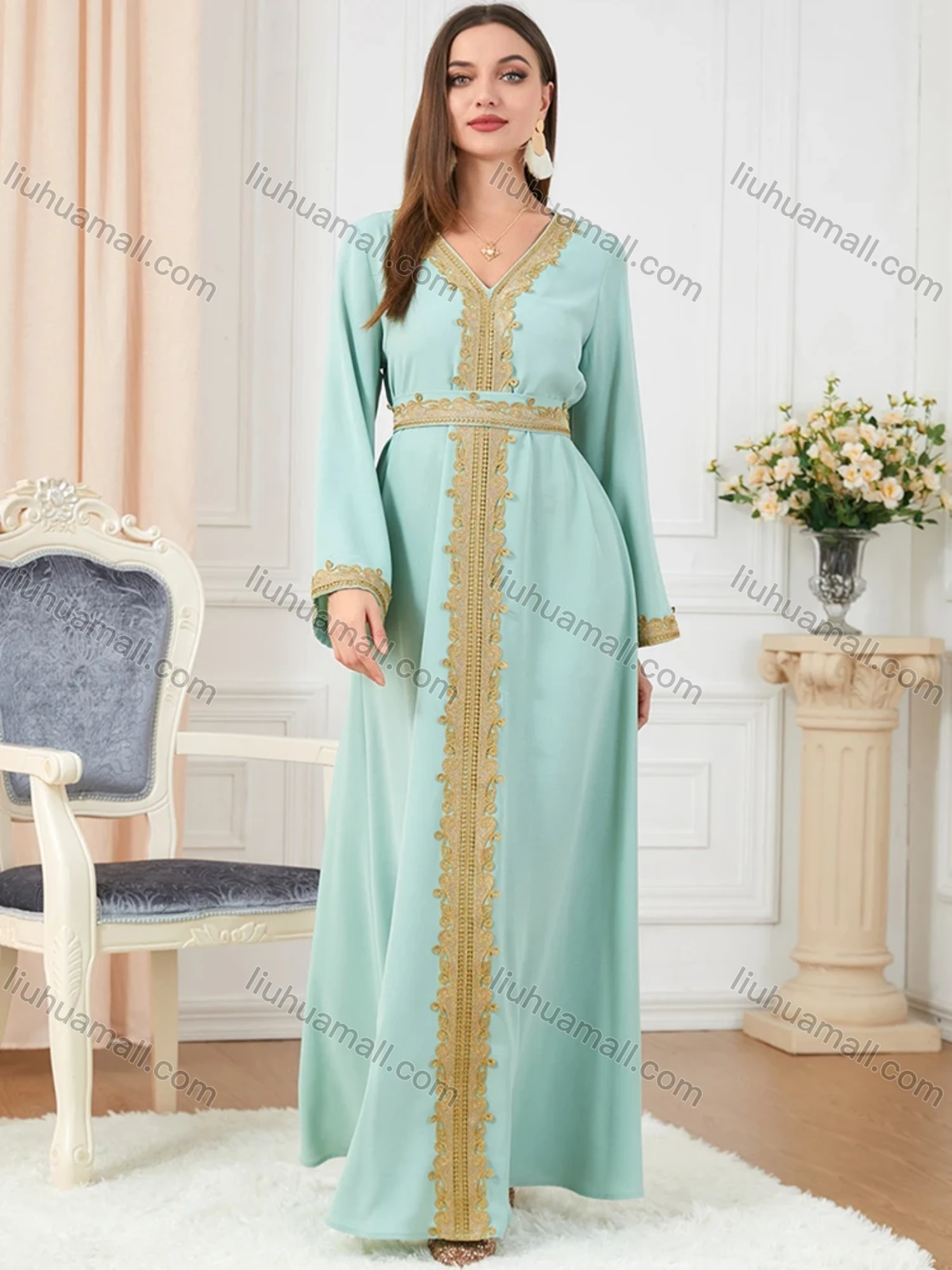 Wholesale Women's Muslim Islamic V Neck Gold Thread Embroidery Abaya Maxi Dress 3252# - Liuhuamall