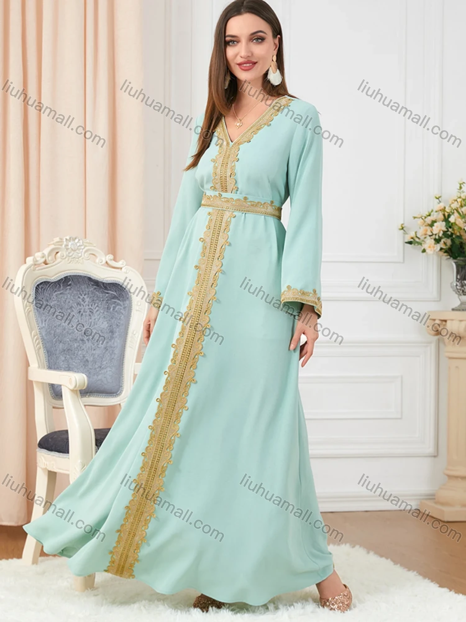 Wholesale Women's Muslim Islamic V Neck Gold Thread Embroidery Abaya Maxi Dress 3252# - Liuhuamall