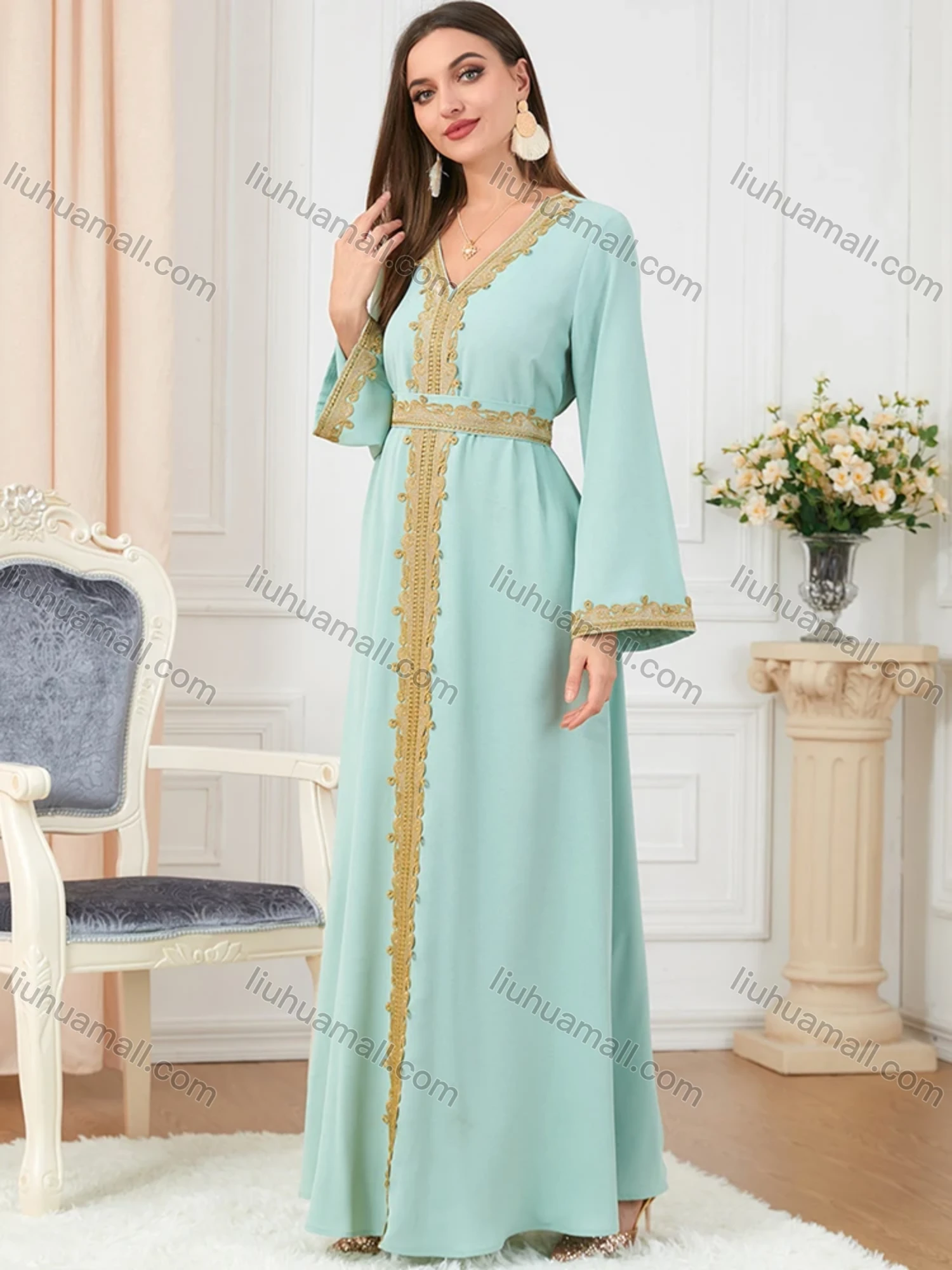 Wholesale Women's Muslim Islamic V Neck Gold Thread Embroidery Abaya Maxi Dress 3252# - Liuhuamall