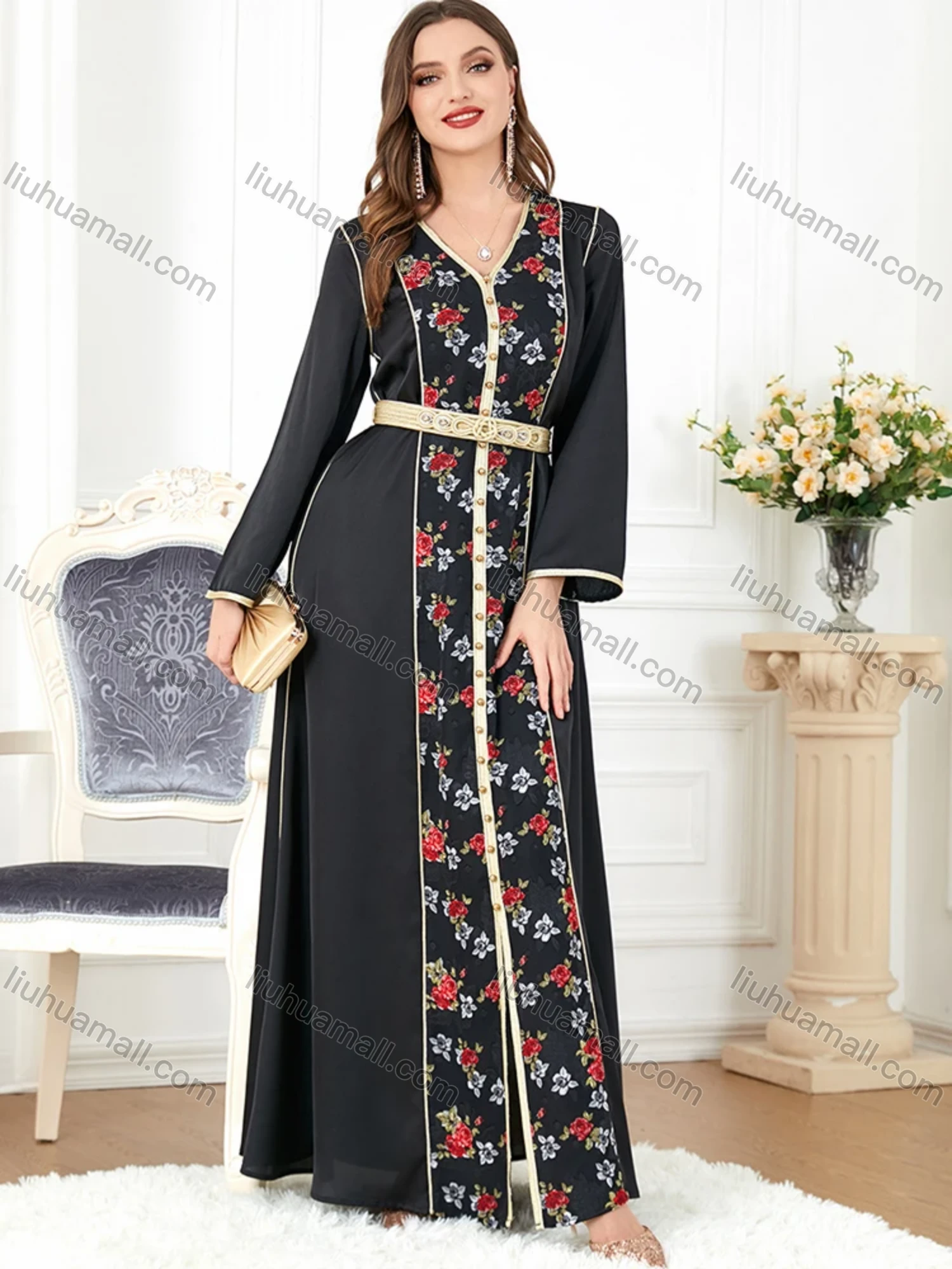 Wholesale Women's Arabic Muslim Islamic V Neck Dubai Gold Thread Embroidery Abaya Maxi Dress 3282# - Liuhuamall