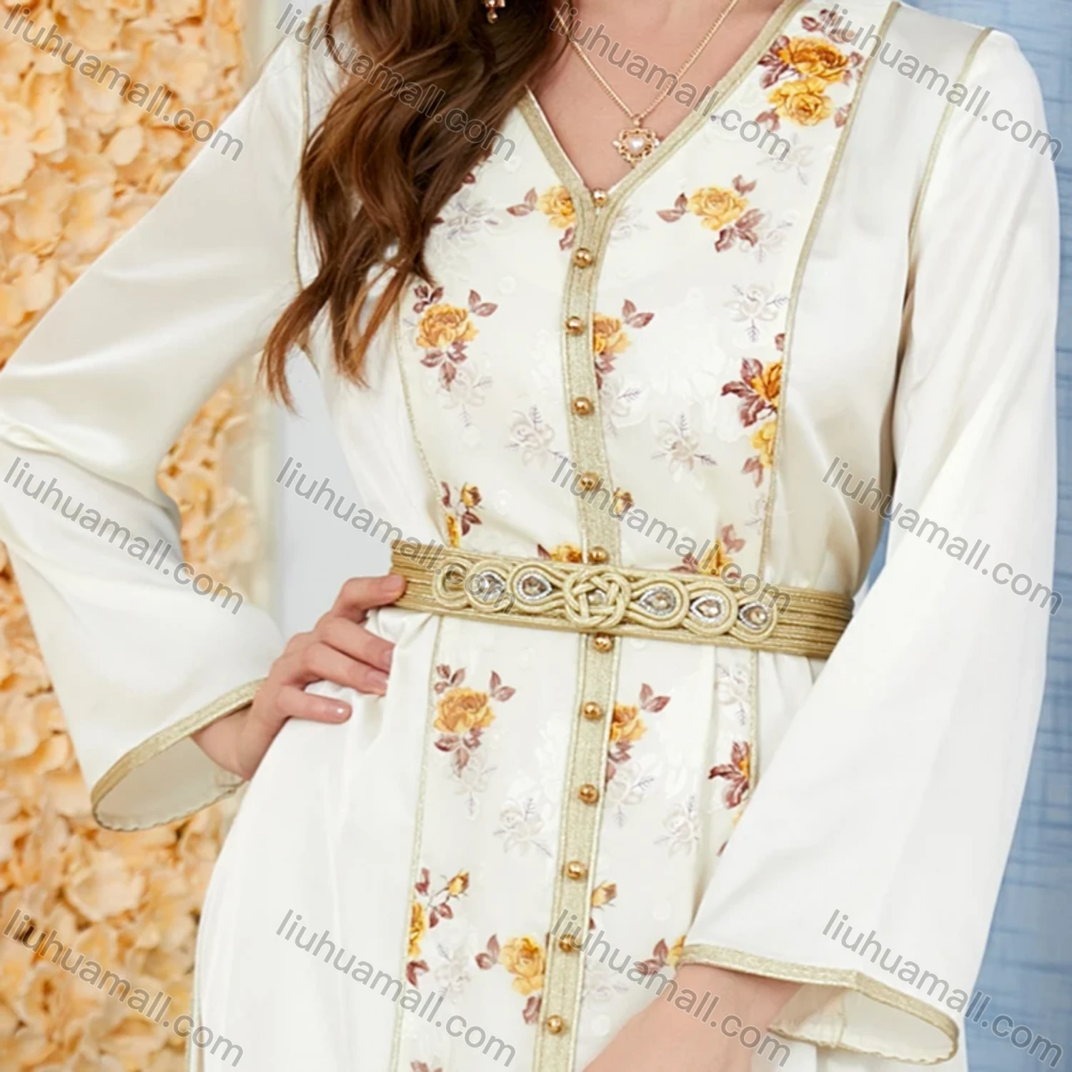 Wholesale Women's Arabic Muslim Islamic V Neck Dubai Gold Thread Embroidery Abaya Maxi Dress 3282# - Liuhuamall