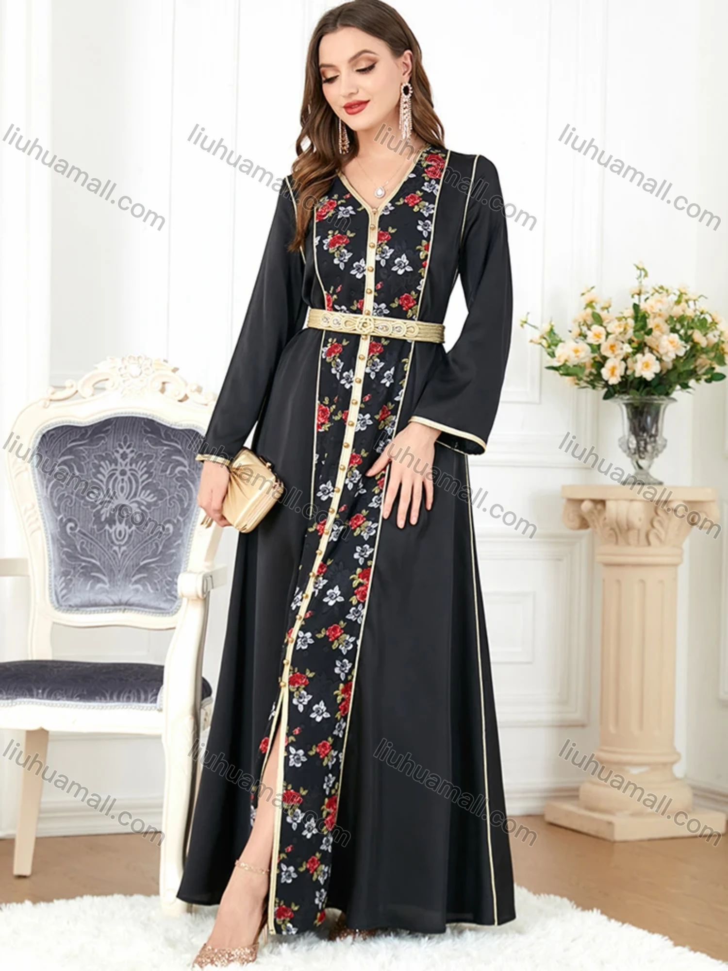 Wholesale Women's Arabic Muslim Islamic V Neck Dubai Gold Thread Embroidery Abaya Maxi Dress 3282# - Liuhuamall