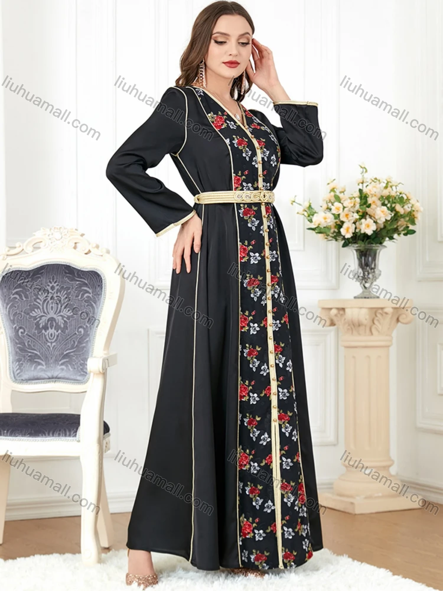 Wholesale Women's Arabic Muslim Islamic V Neck Dubai Gold Thread Embroidery Abaya Maxi Dress 3282# - Liuhuamall