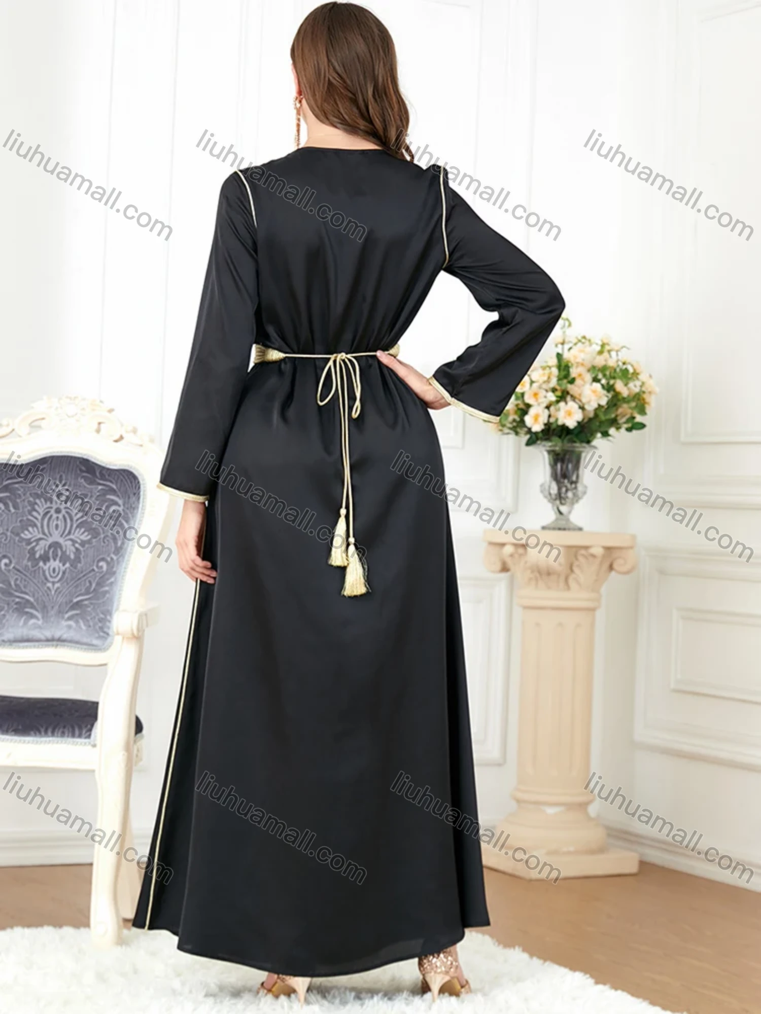 Wholesale Women's Arabic Muslim Islamic V Neck Dubai Gold Thread Embroidery Abaya Maxi Dress 3282# - Liuhuamall