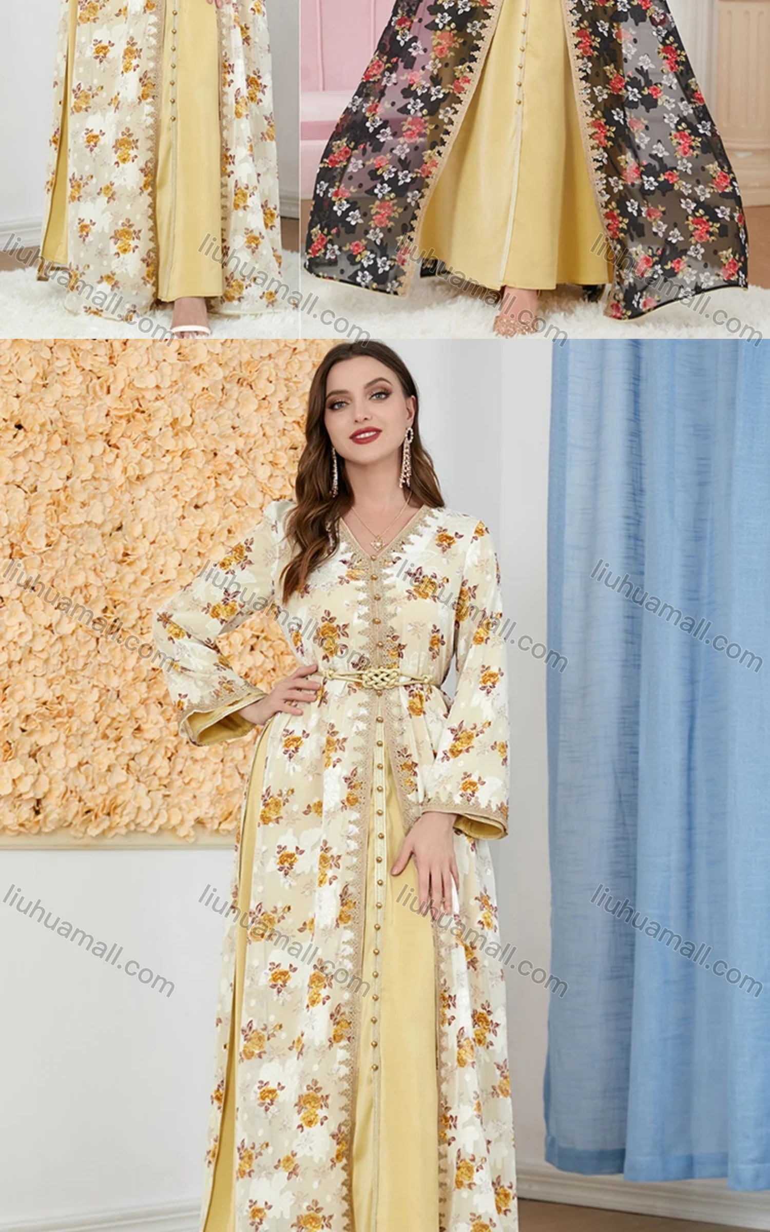 Wholesale Women's Arabic Muslim Islamic Embroidery Dubai Robe Cardigan & Dress 2-piece Set 3283# - Liuhuamall