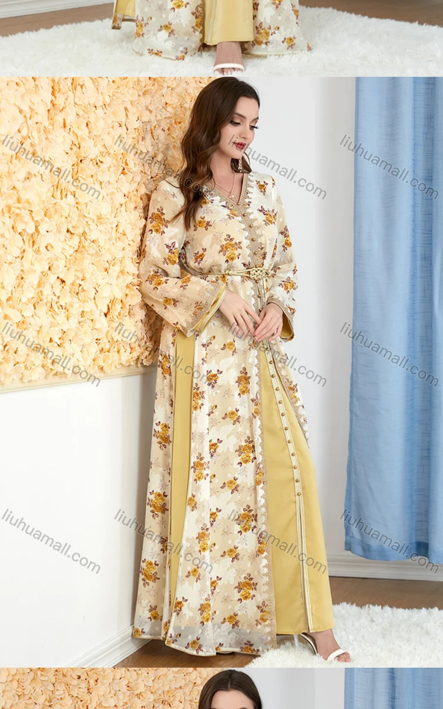 Wholesale Women's Arabic Muslim Islamic Embroidery Dubai Robe Cardigan & Dress 2-piece Set 3283# - Liuhuamall