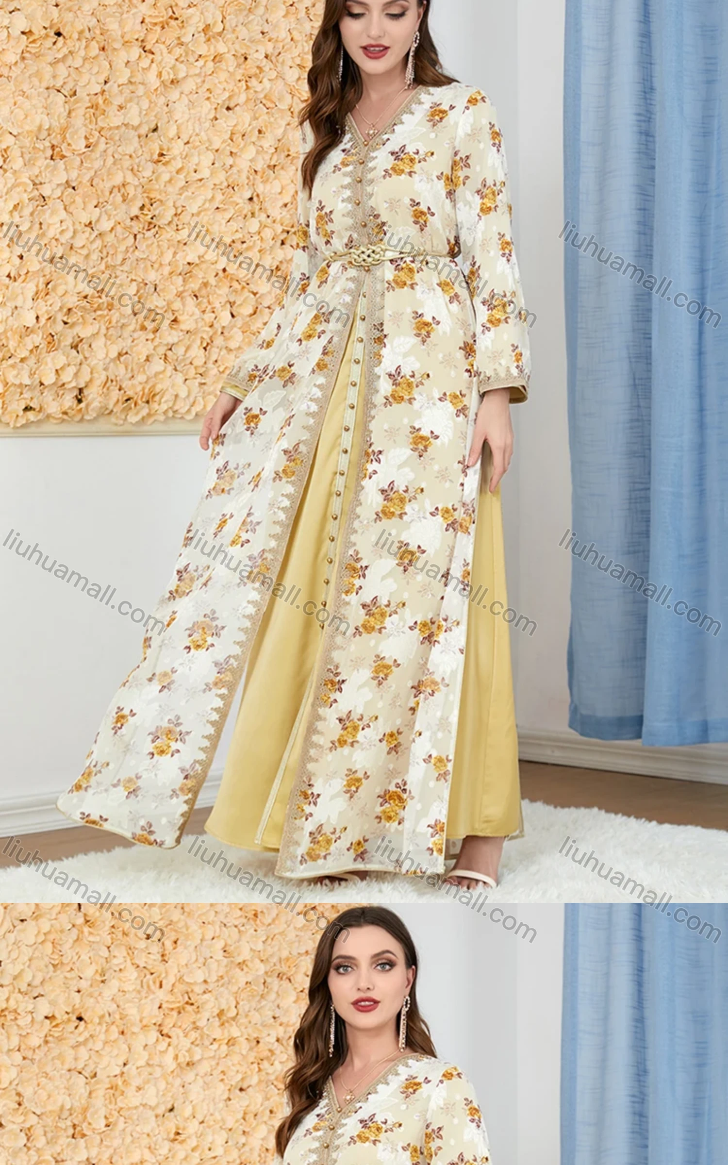 Wholesale Women's Arabic Muslim Islamic Embroidery Dubai Robe Cardigan & Dress 2-piece Set 3283# - Liuhuamall