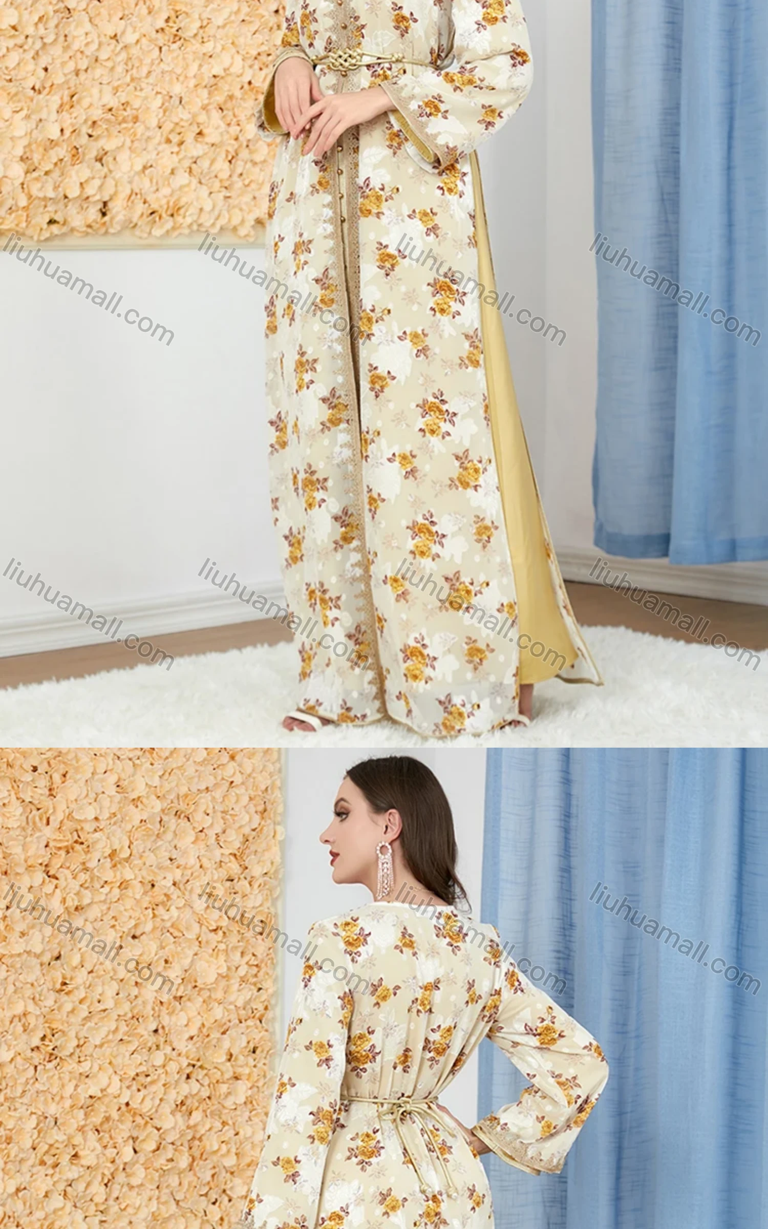 Wholesale Women's Arabic Muslim Islamic Embroidery Dubai Robe Cardigan & Dress 2-piece Set 3283# - Liuhuamall