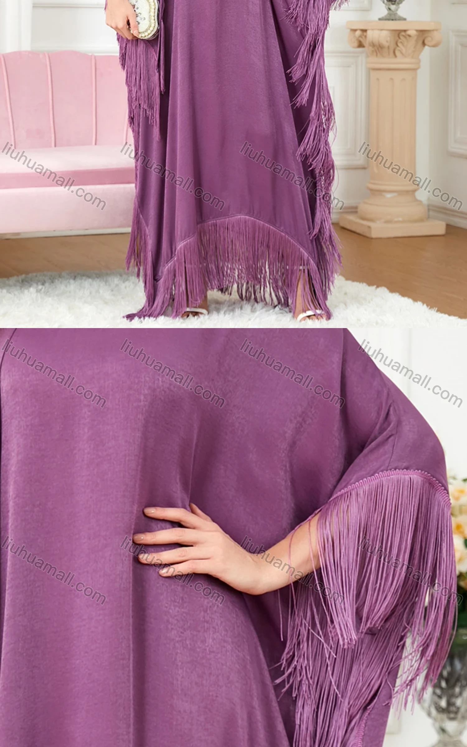 Wholesale Women's Arabic Muslim Islamic Plain Bat Sleeve Dubai Tassel Hem Kaftan Dress With Scarf 3297# - Liuhuamall