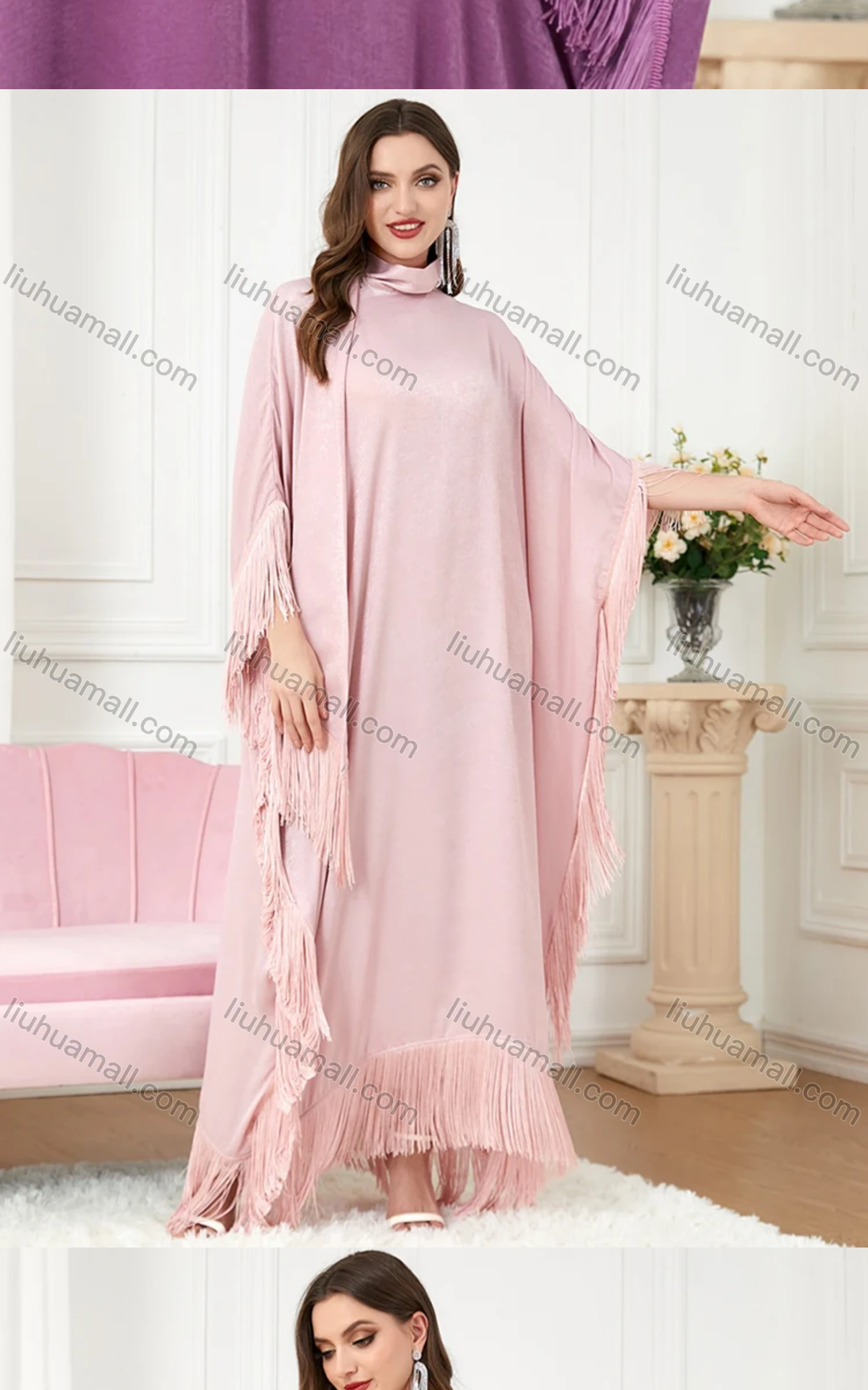 Wholesale Women's Arabic Muslim Islamic Plain Bat Sleeve Dubai Tassel Hem Kaftan Dress With Scarf 3297# - Liuhuamall