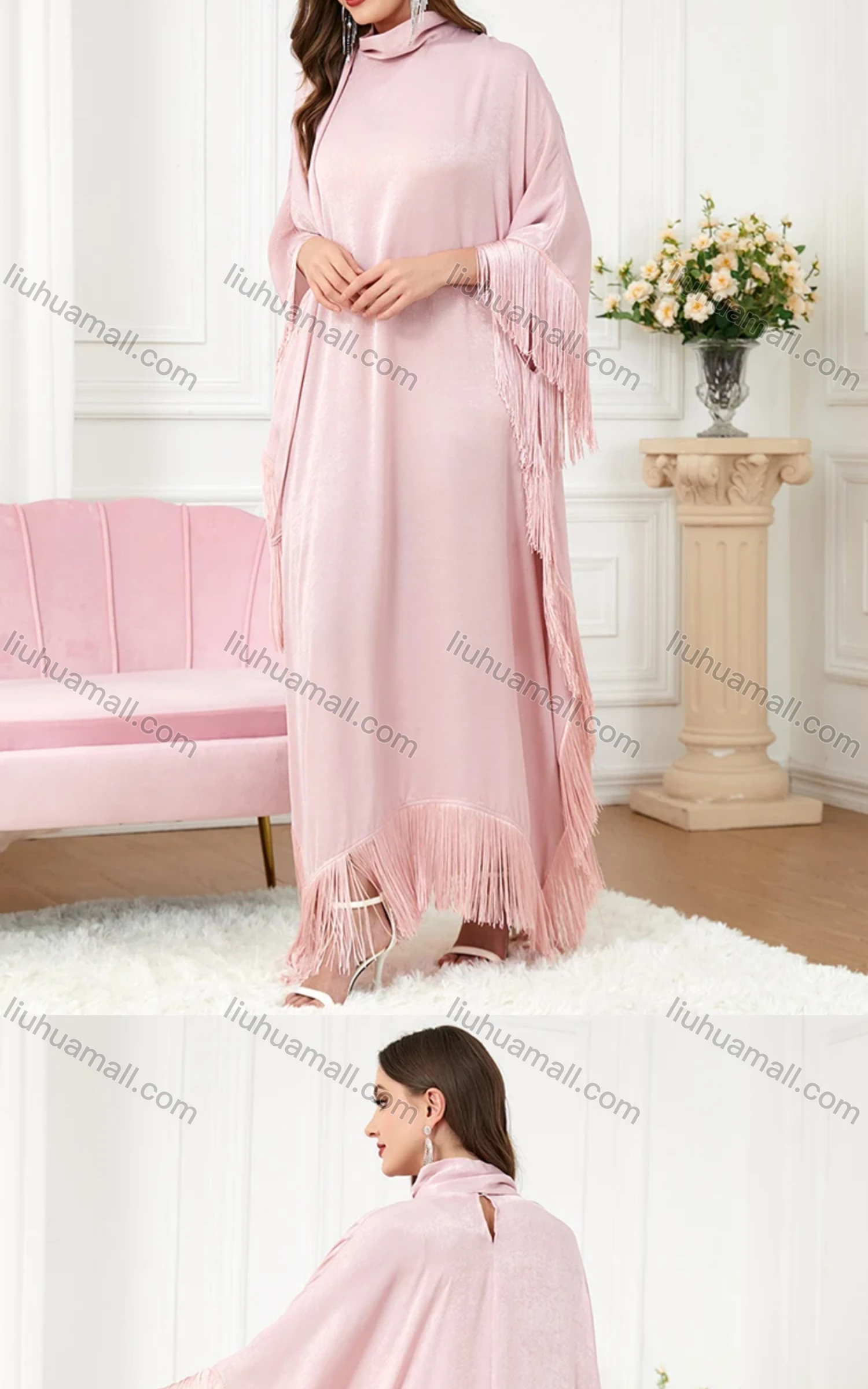 Wholesale Women's Arabic Muslim Islamic Plain Bat Sleeve Dubai Tassel Hem Kaftan Dress With Scarf 3297# - Liuhuamall