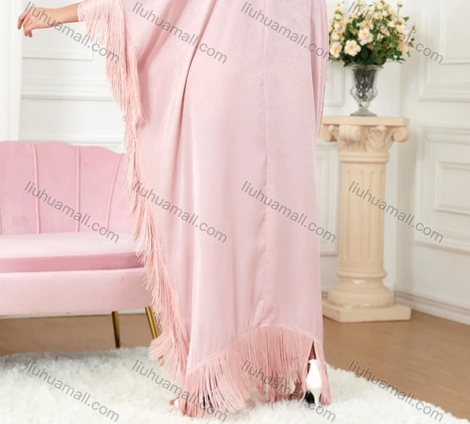 Wholesale Women's Arabic Muslim Islamic Plain Bat Sleeve Dubai Tassel Hem Kaftan Dress With Scarf 3297# - Liuhuamall