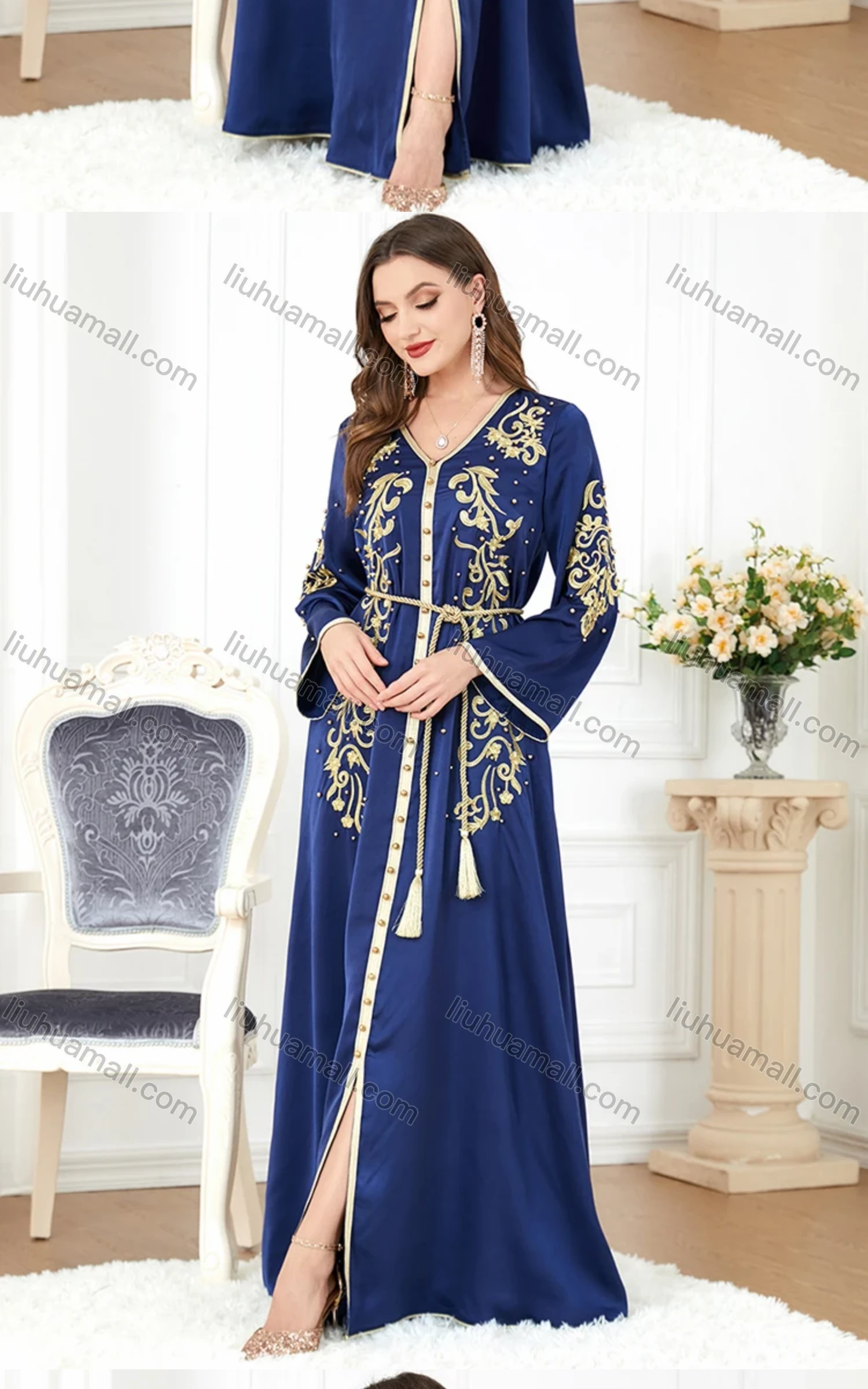 Wholesale Women's Arabic Muslim Islamic V Neck Dubai Gold Thread Embroidery Abaya Maxi Dress 3299# - Liuhuamall