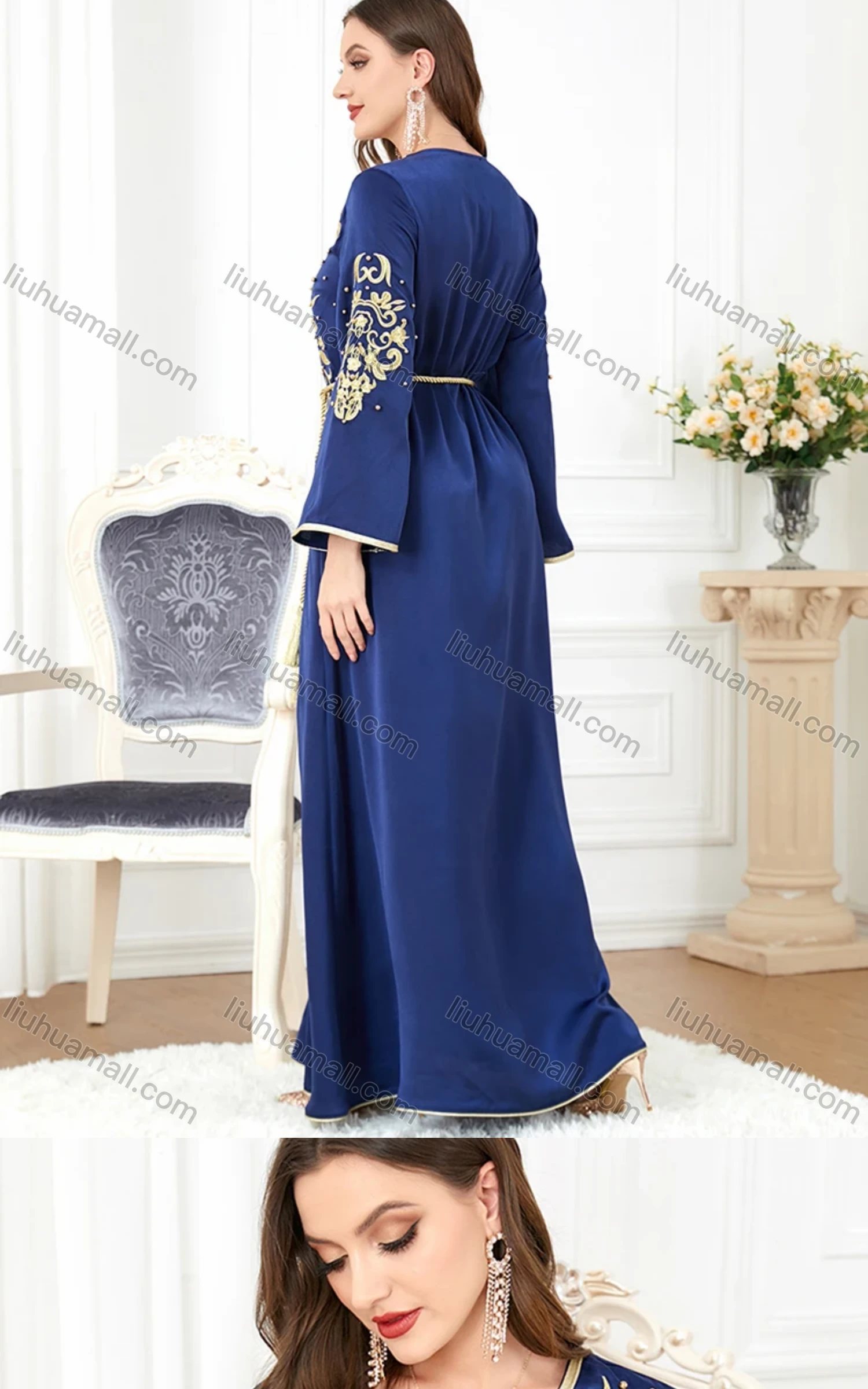 Wholesale Women's Arabic Muslim Islamic V Neck Dubai Gold Thread Embroidery Abaya Maxi Dress 3299# - Liuhuamall