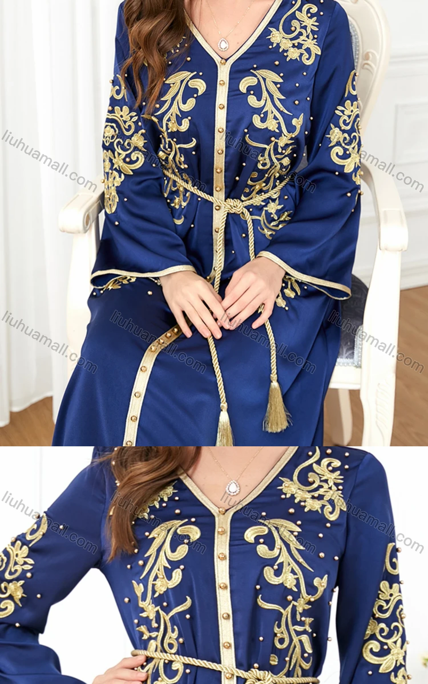 Wholesale Women's Arabic Muslim Islamic V Neck Dubai Gold Thread Embroidery Abaya Maxi Dress 3299# - Liuhuamall