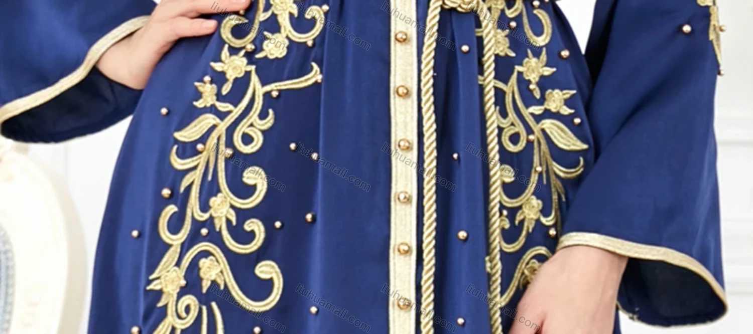 Wholesale Women's Arabic Muslim Islamic V Neck Dubai Gold Thread Embroidery Abaya Maxi Dress 3299# - Liuhuamall