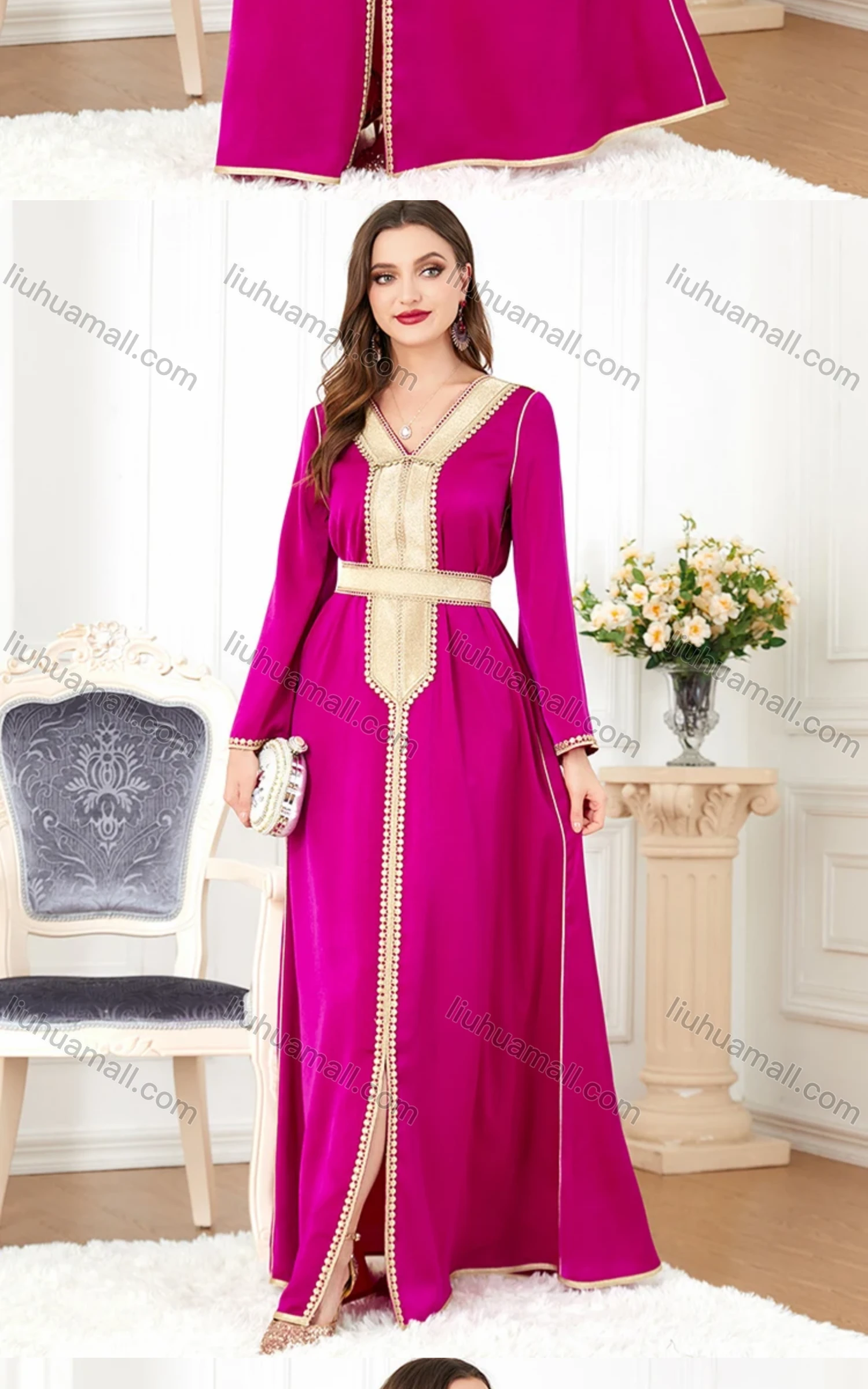 Wholesale Women's Arabic Muslim Islamic V Neck Gold Thread Embroidery Abaya Maxi Dress 3300# - Liuhuamall