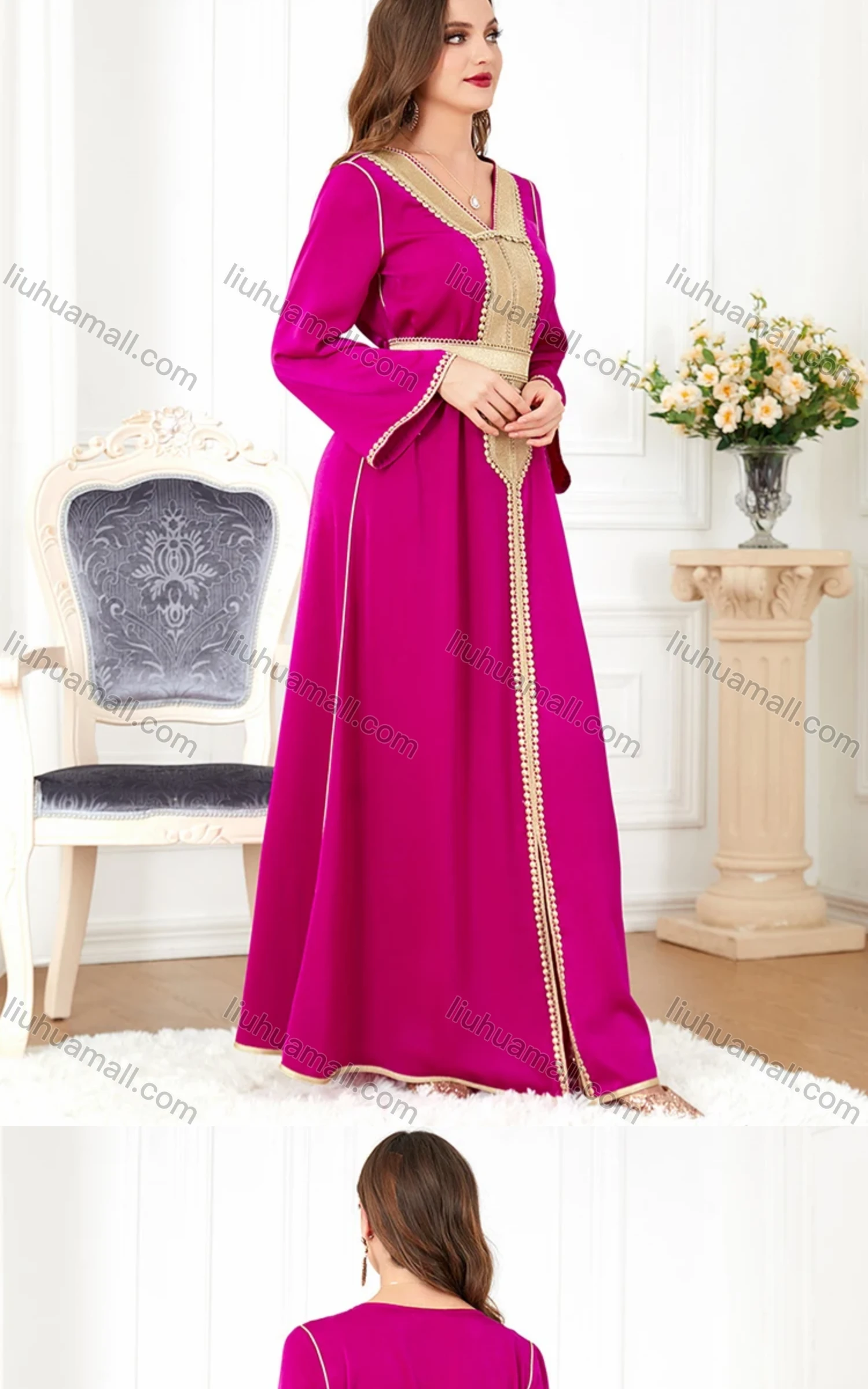 Wholesale Women's Arabic Muslim Islamic V Neck Gold Thread Embroidery Abaya Maxi Dress 3300# - Liuhuamall