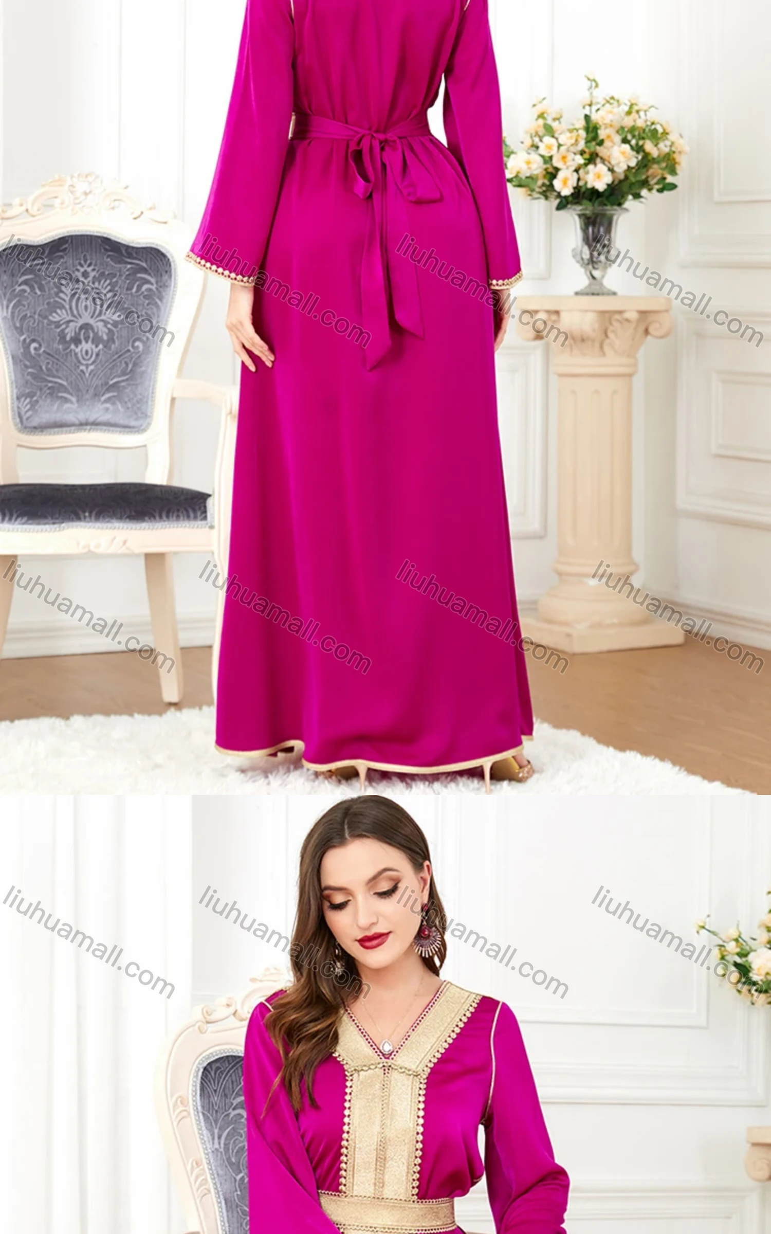 Wholesale Women's Arabic Muslim Islamic V Neck Gold Thread Embroidery Abaya Maxi Dress 3300# - Liuhuamall