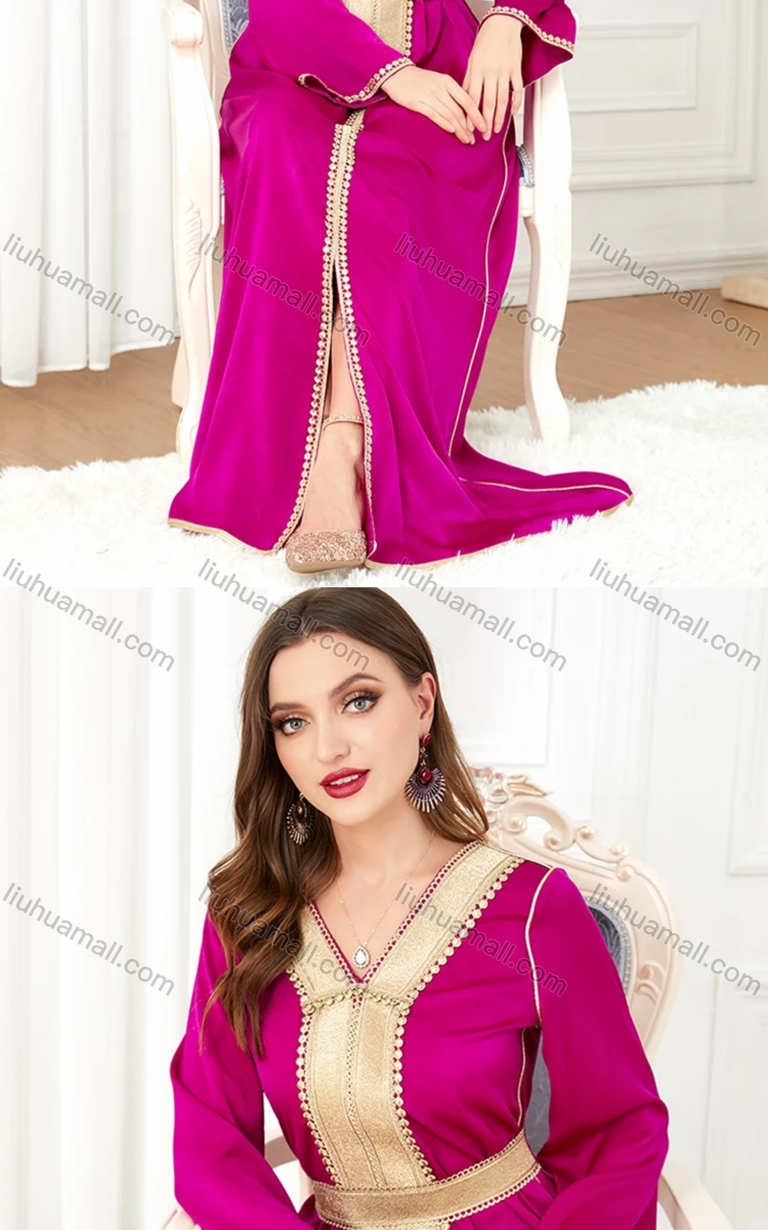 Wholesale Women's Arabic Muslim Islamic V Neck Gold Thread Embroidery Abaya Maxi Dress 3300# - Liuhuamall