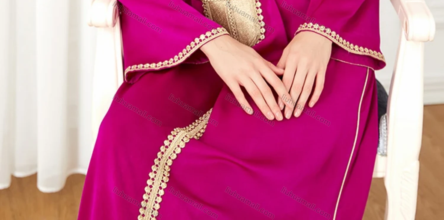 Wholesale Women's Arabic Muslim Islamic V Neck Gold Thread Embroidery Abaya Maxi Dress 3300# - Liuhuamall