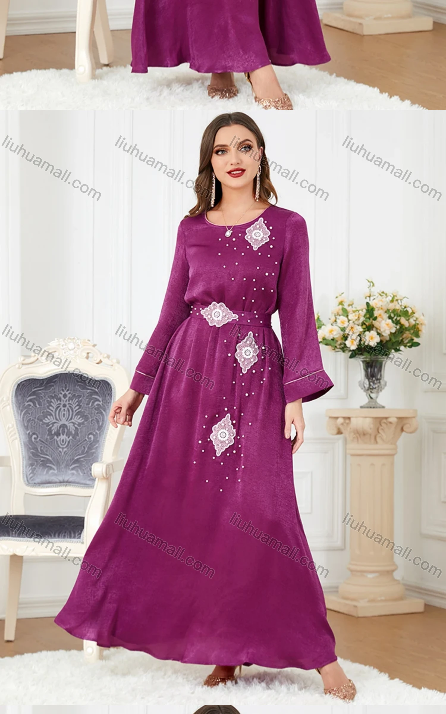 Wholesale Women's Arabic Muslim Islamic Crew Neck Embroidery Dubai Abaya Maxi Dress 3301# - Liuhuamall