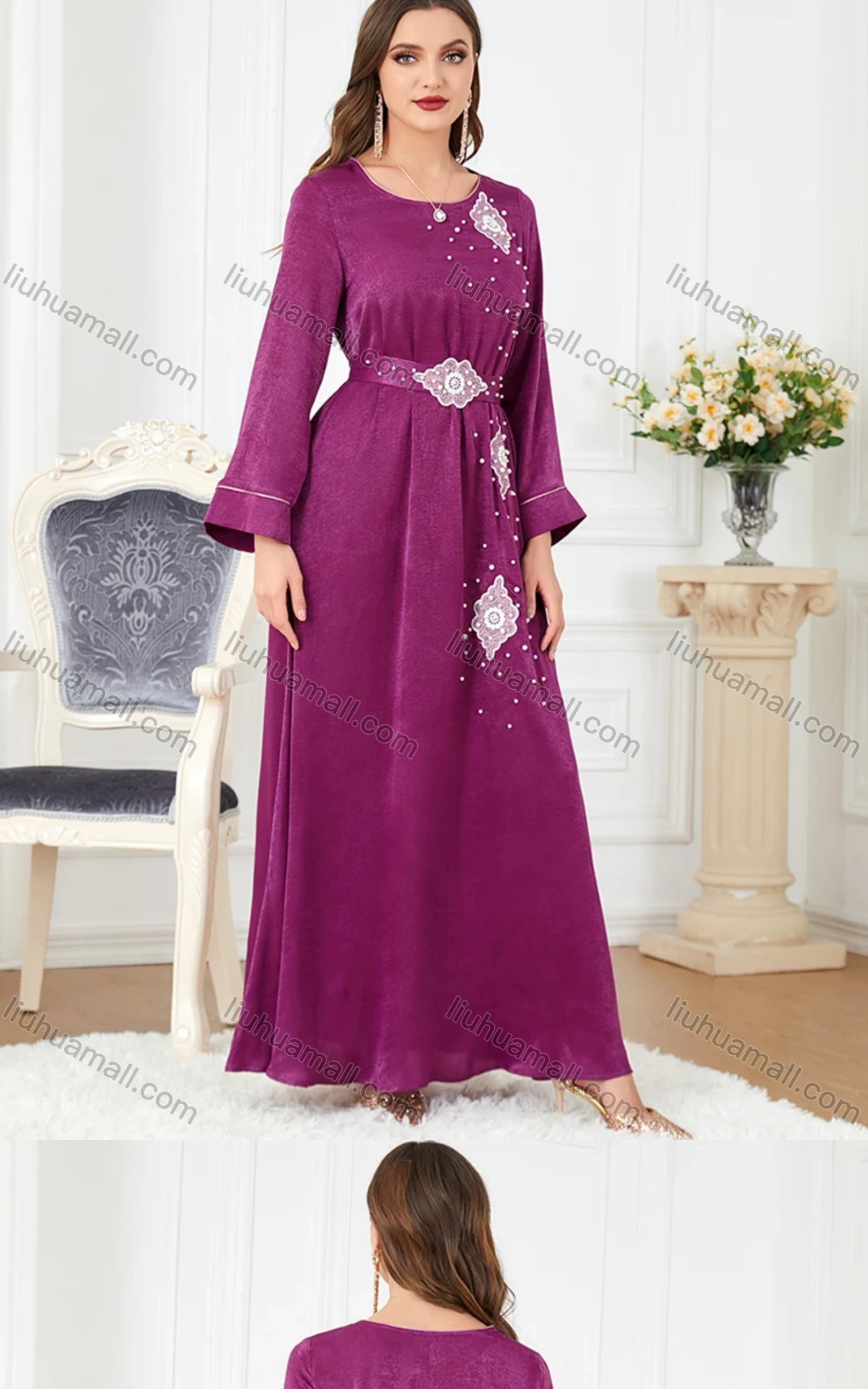 Wholesale Women's Arabic Muslim Islamic Crew Neck Embroidery Dubai Abaya Maxi Dress 3301# - Liuhuamall