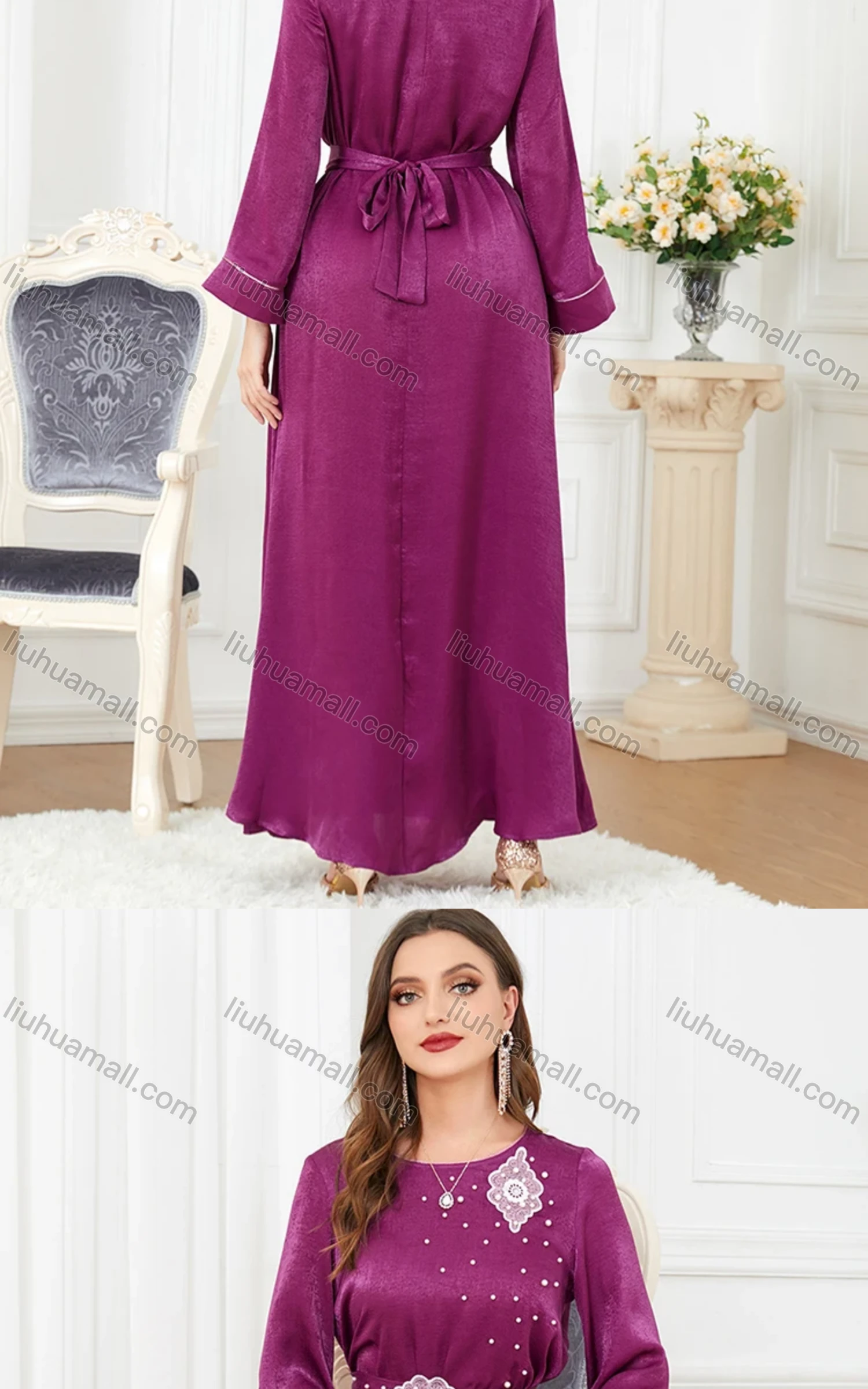 Wholesale Women's Arabic Muslim Islamic Crew Neck Embroidery Dubai Abaya Maxi Dress 3301# - Liuhuamall