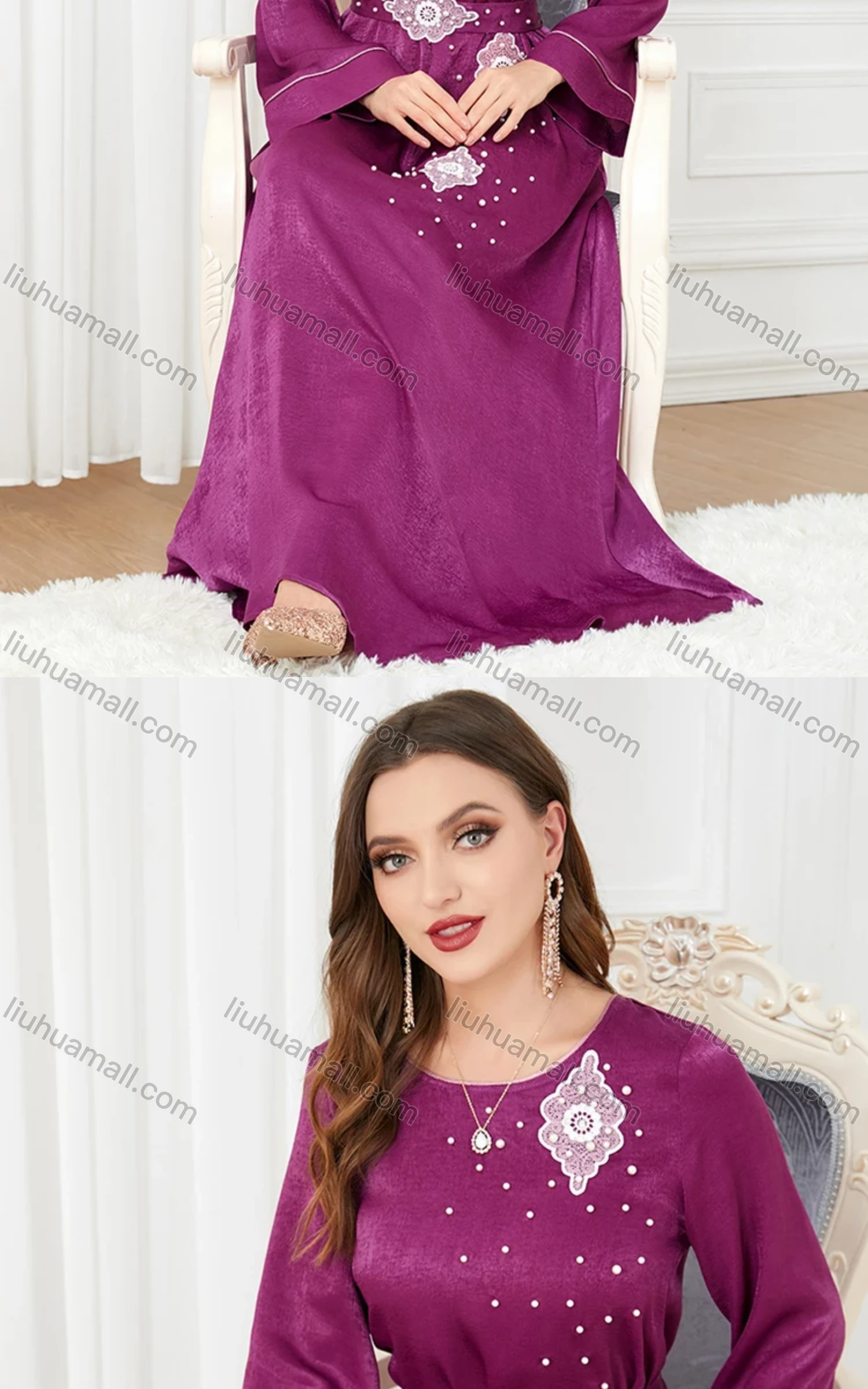 Wholesale Women's Arabic Muslim Islamic Crew Neck Embroidery Dubai Abaya Maxi Dress 3301# - Liuhuamall