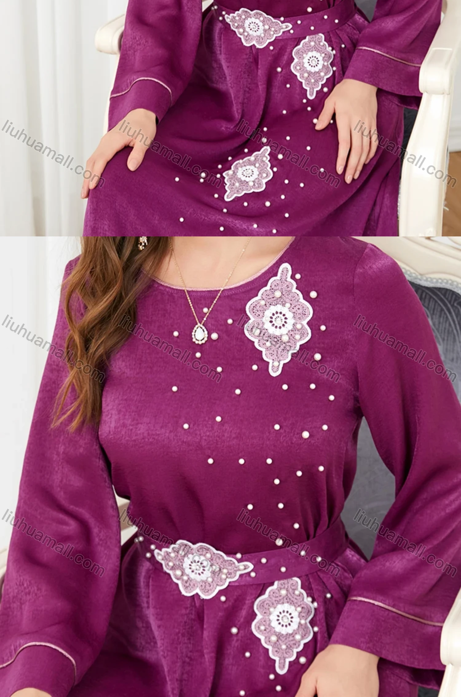 Wholesale Women's Arabic Muslim Islamic Crew Neck Embroidery Dubai Abaya Maxi Dress 3301# - Liuhuamall