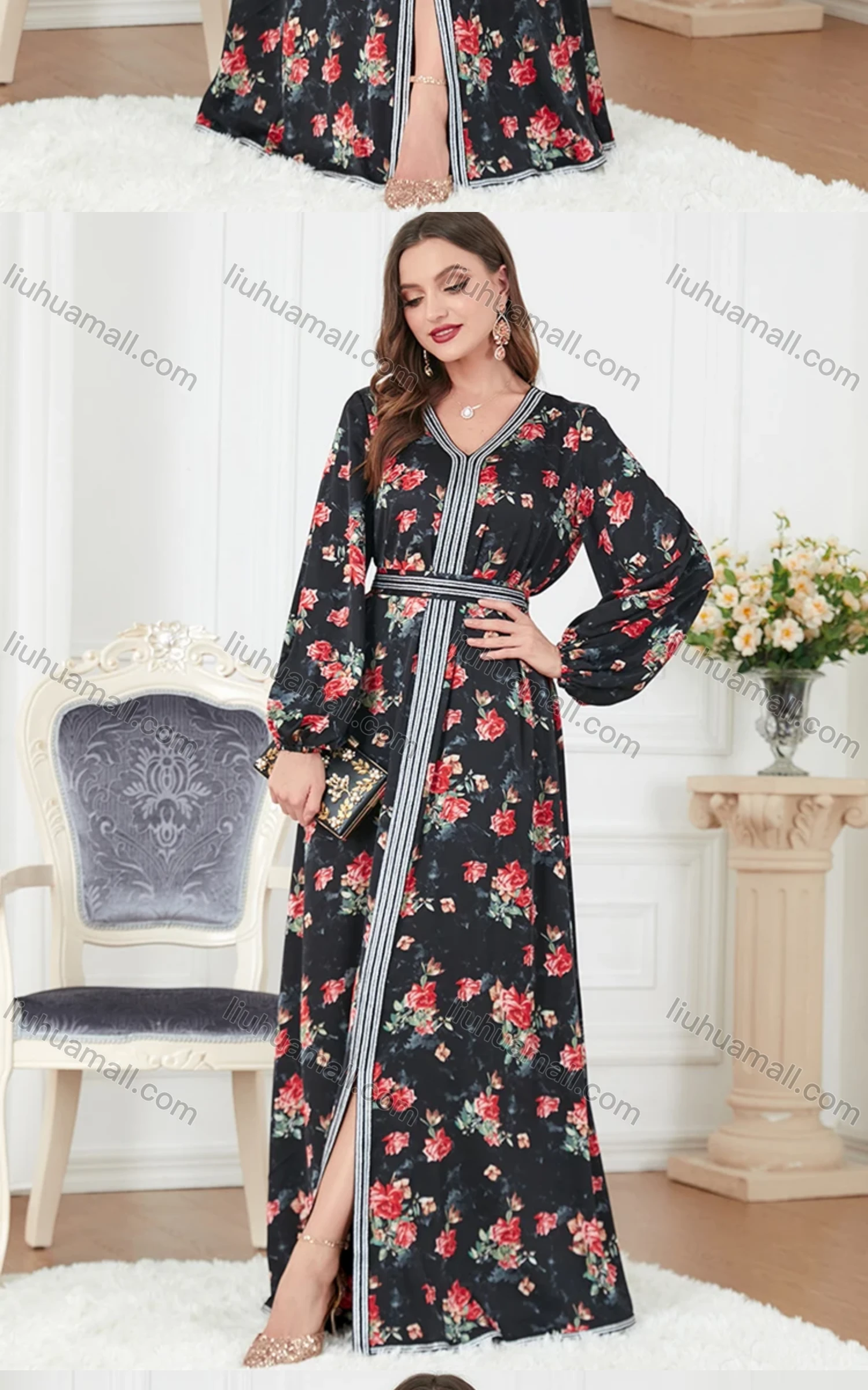 Wholesale Women's Arabic Muslim Islamic V Neck Floral Dubai Splicing Embroidery Abaya Maxi Dress 3303# - Liuhuamall
