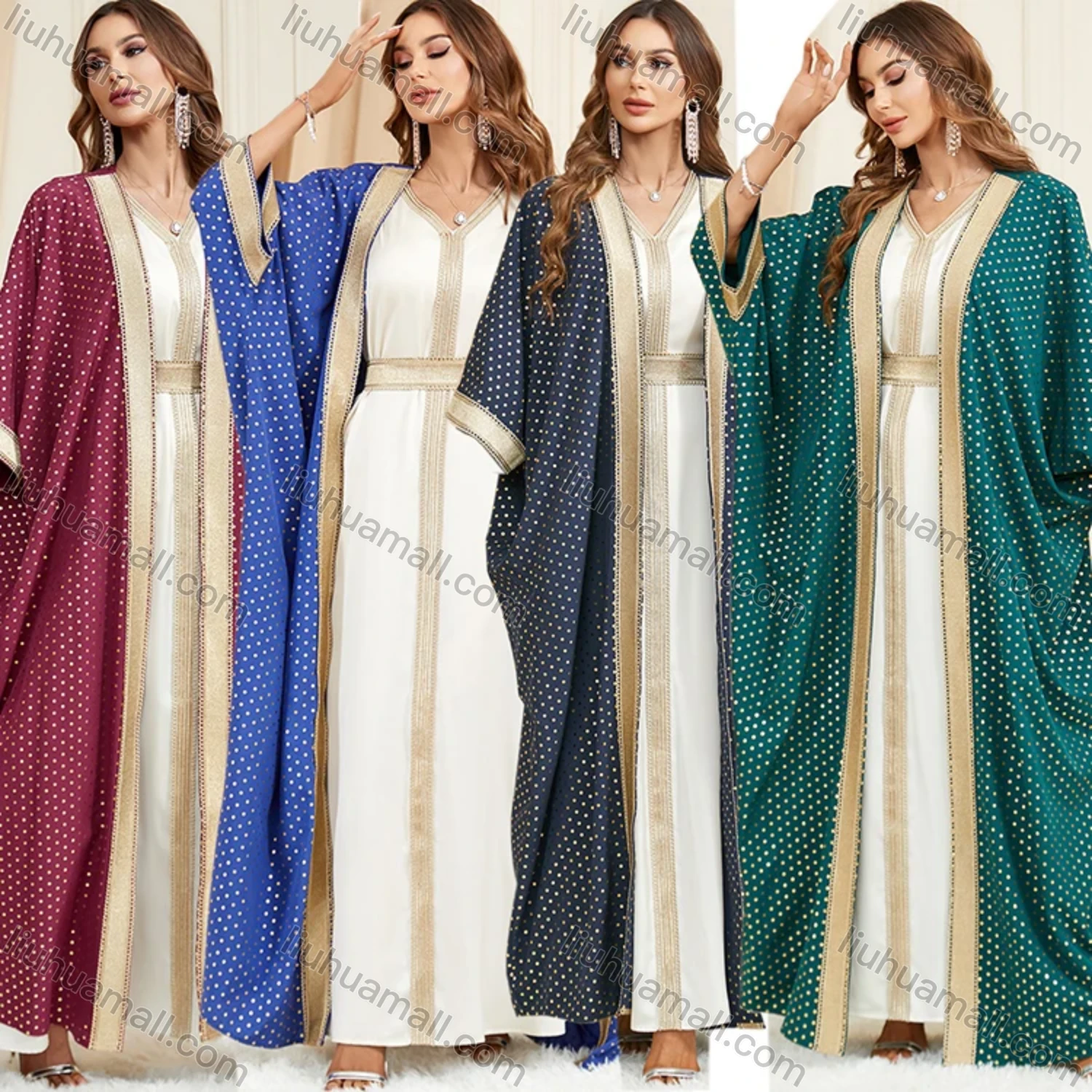 Wholesale Women's Arabic Muslim Islamic Dubai Embroidery Robe Cardigan & Dress 2-piece Set 3319# - Liuhuamall