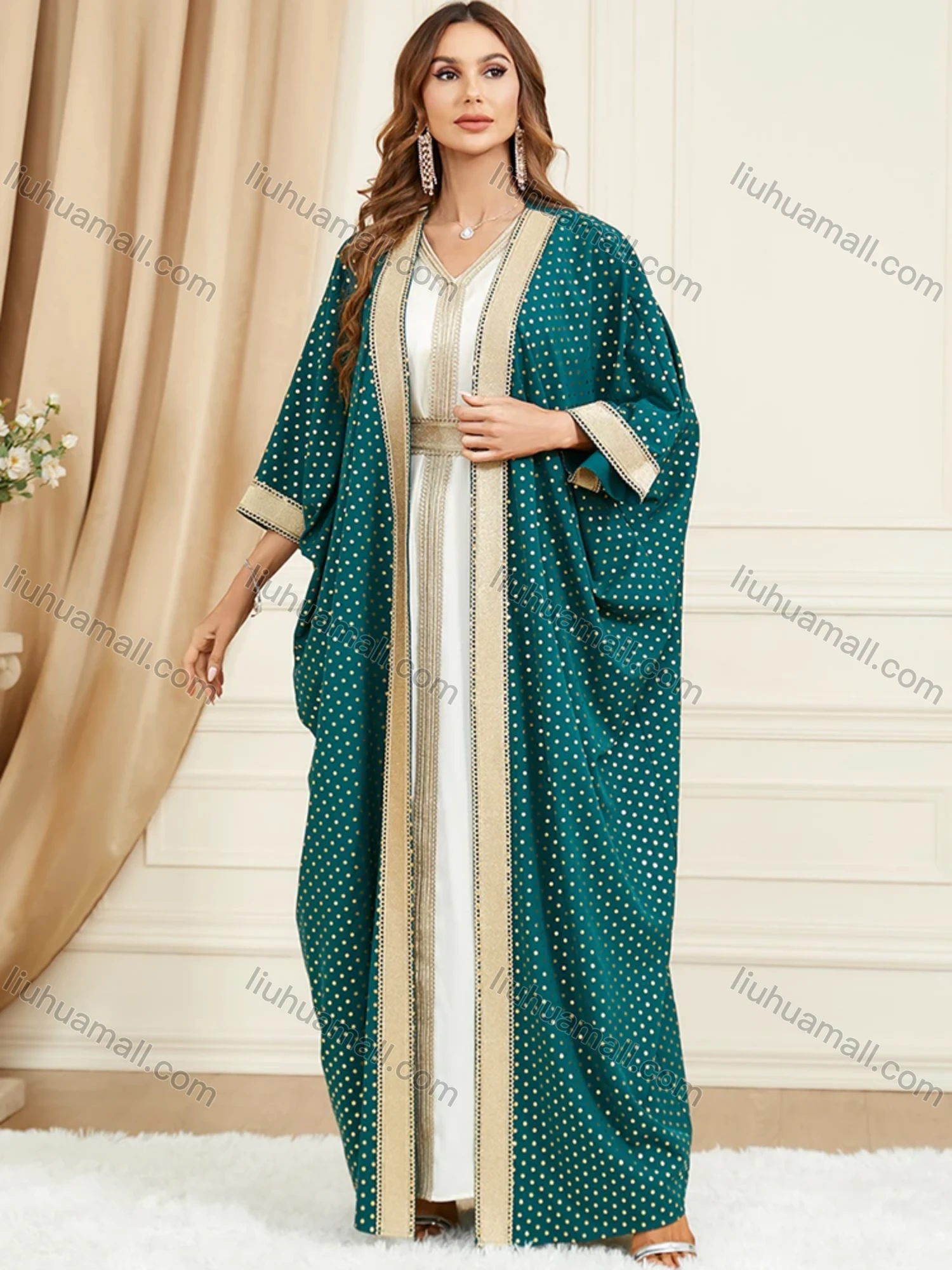 Wholesale Women's Arabic Muslim Islamic Dubai Embroidery Robe Cardigan & Dress 2-piece Set 3319# - Liuhuamall