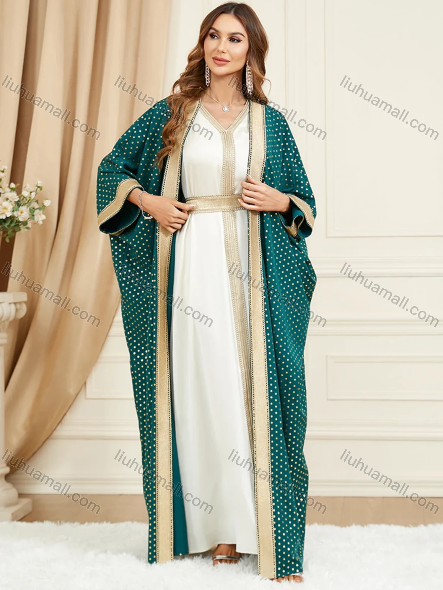 Wholesale Women's Arabic Muslim Islamic Dubai Embroidery Robe Cardigan & Dress 2-piece Set 3319# - Liuhuamall