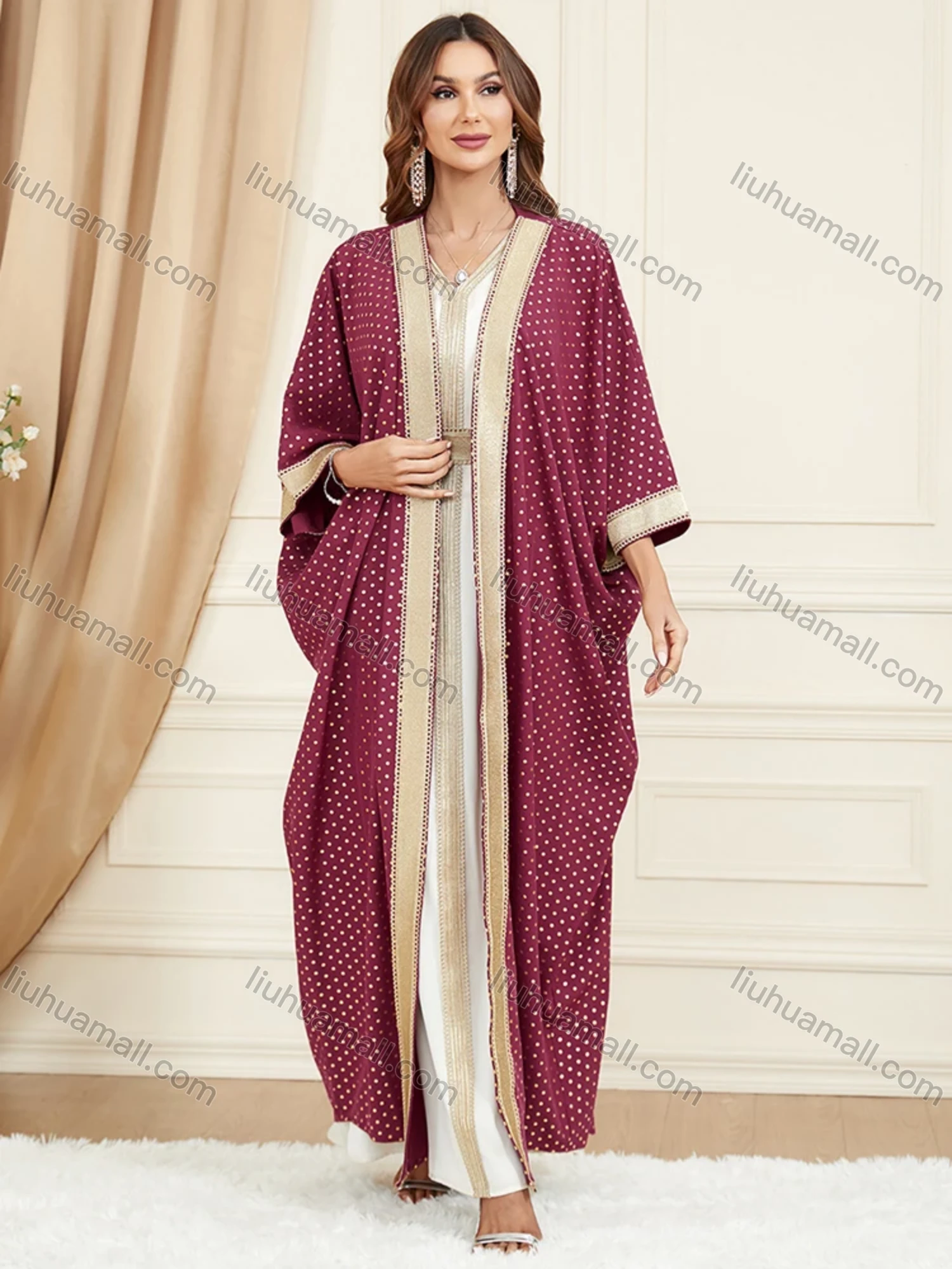 Wholesale Women's Arabic Muslim Islamic Dubai Embroidery Robe Cardigan & Dress 2-piece Set 3319# - Liuhuamall